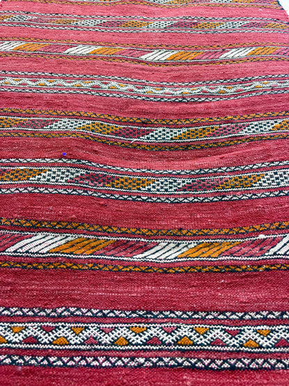 Moroccan Zemmour Kilim Red Striped Wool Rug