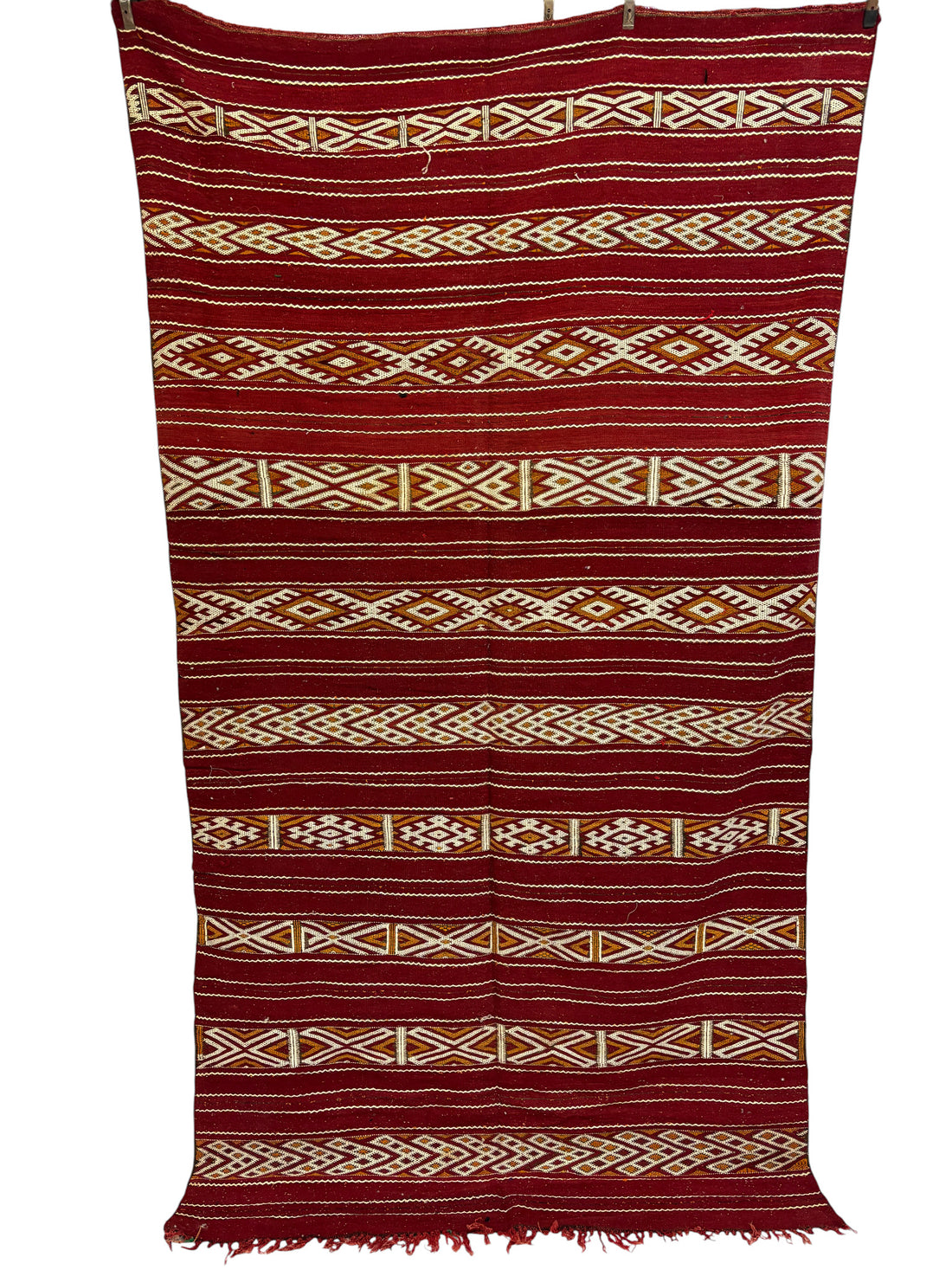Vintage Zemmour Moroccan Kilim in Crimson Wool with Ivory Diamond Bands