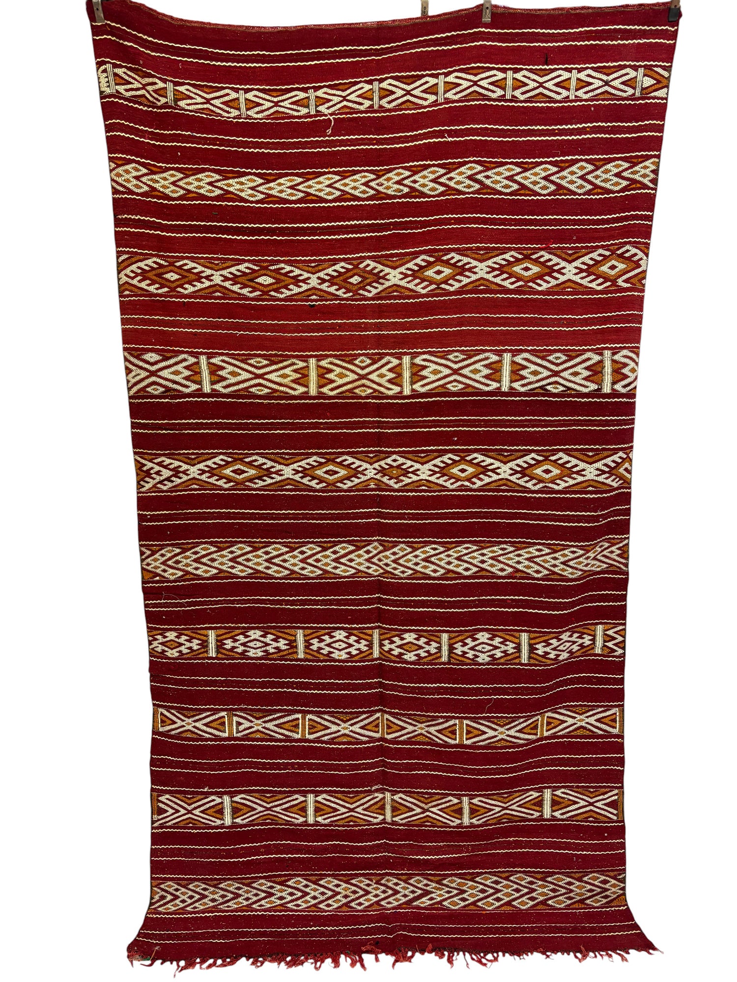 Vintage Zemmour Moroccan Kilim in Crimson Wool with Ivory Diamond Bands
