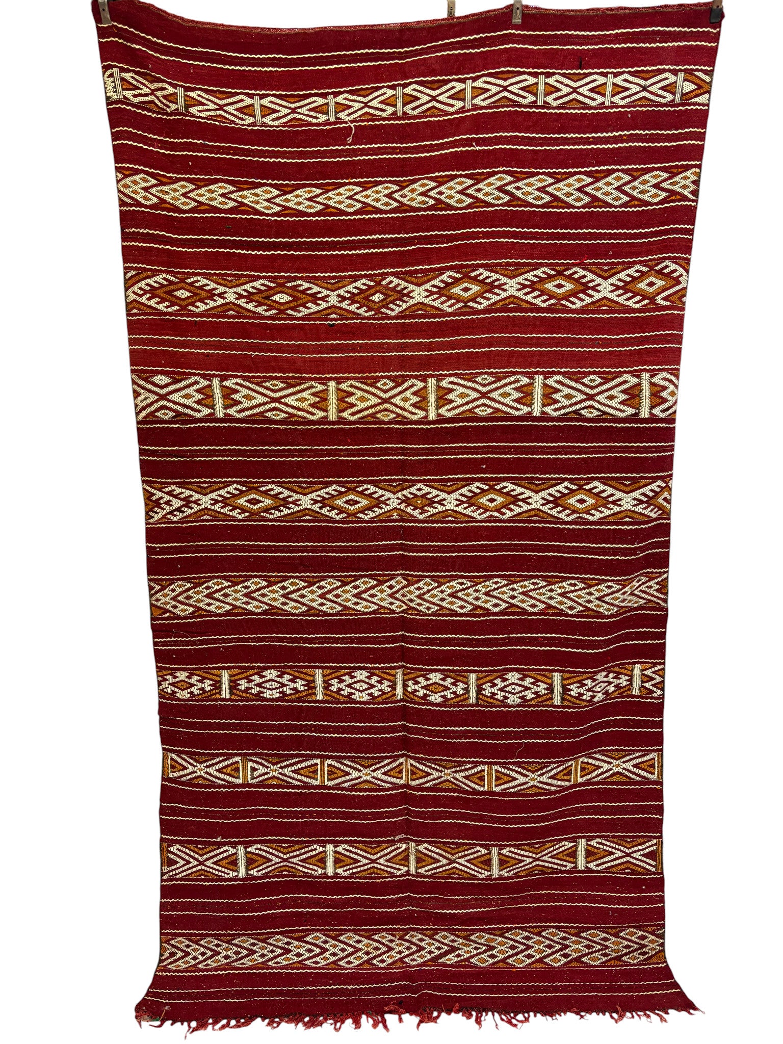 Vintage Zemmour Moroccan Kilim in Crimson Wool with Ivory Diamond Bands
