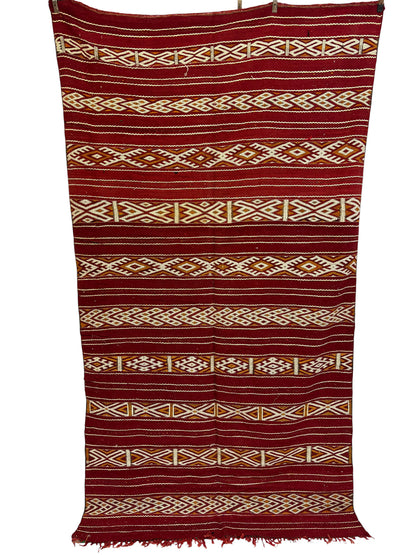 Vintage Zemmour Moroccan Kilim in Crimson Wool with Ivory Diamond Bands