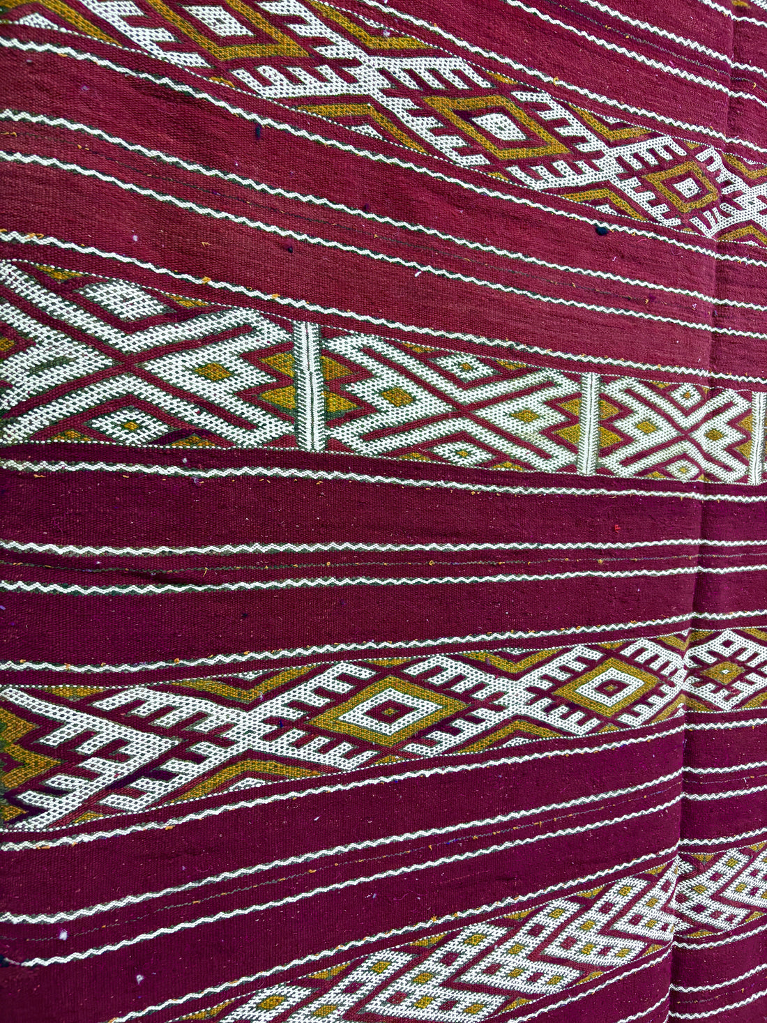Vintage Zemmour Moroccan Kilim in Crimson Wool with Ivory Diamond Bands