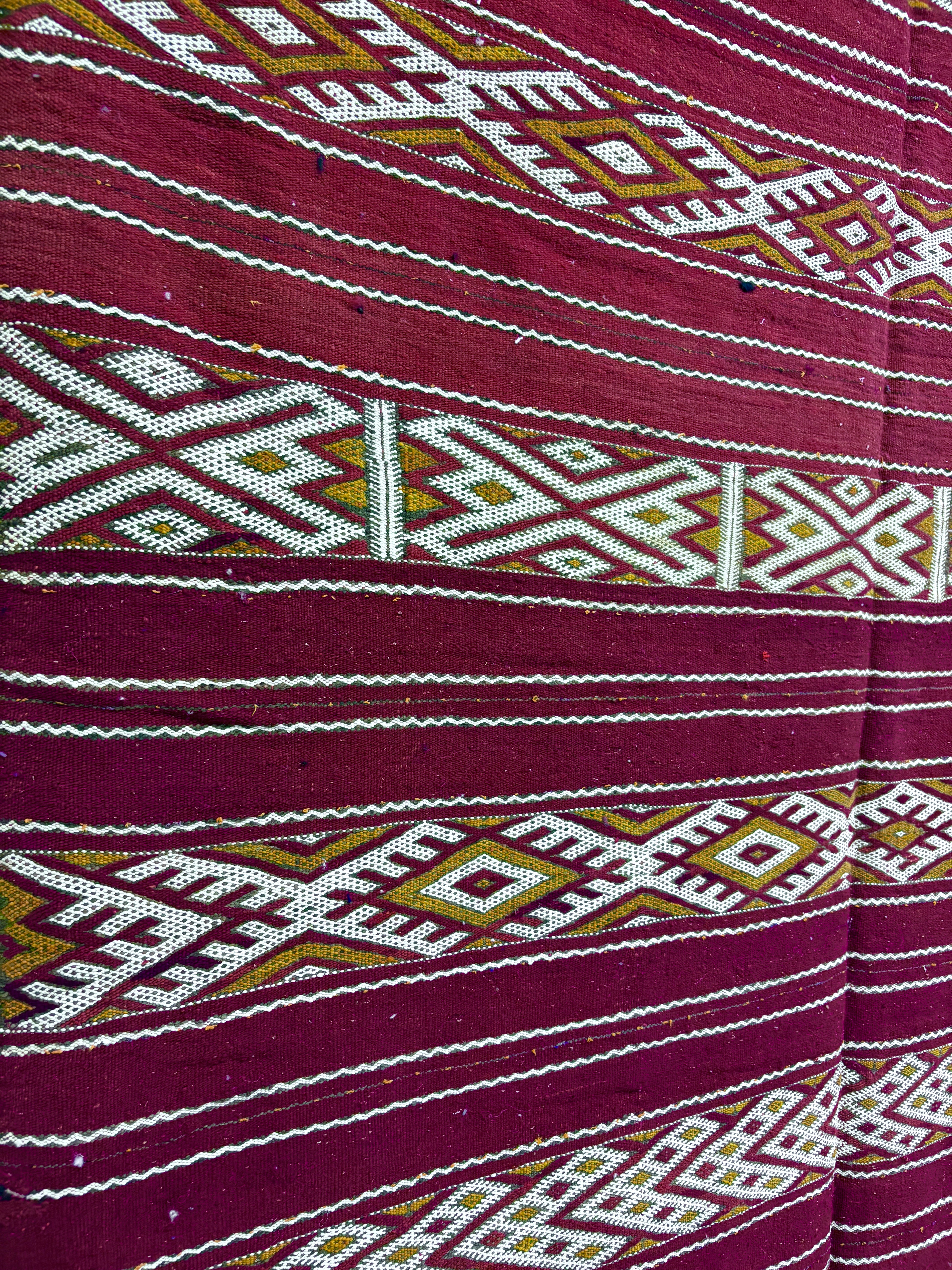 Vintage Zemmour Moroccan Kilim in Crimson Wool with Ivory Diamond Bands