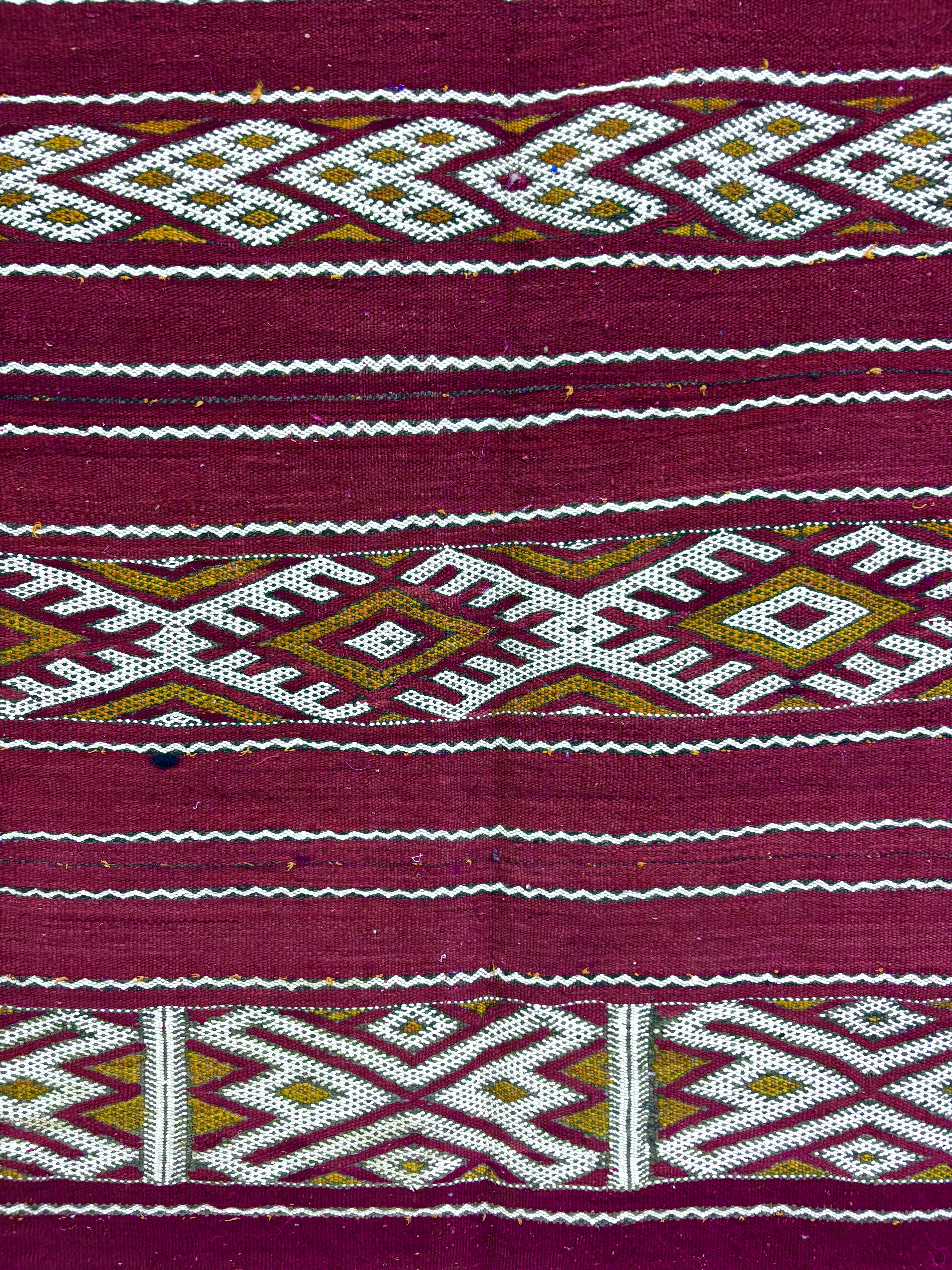 Vintage Zemmour Moroccan Kilim in Crimson Wool with Ivory Diamond Bands