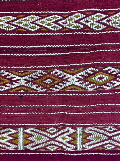 Vintage Zemmour Moroccan Kilim in Crimson Wool with Ivory Diamond Bands