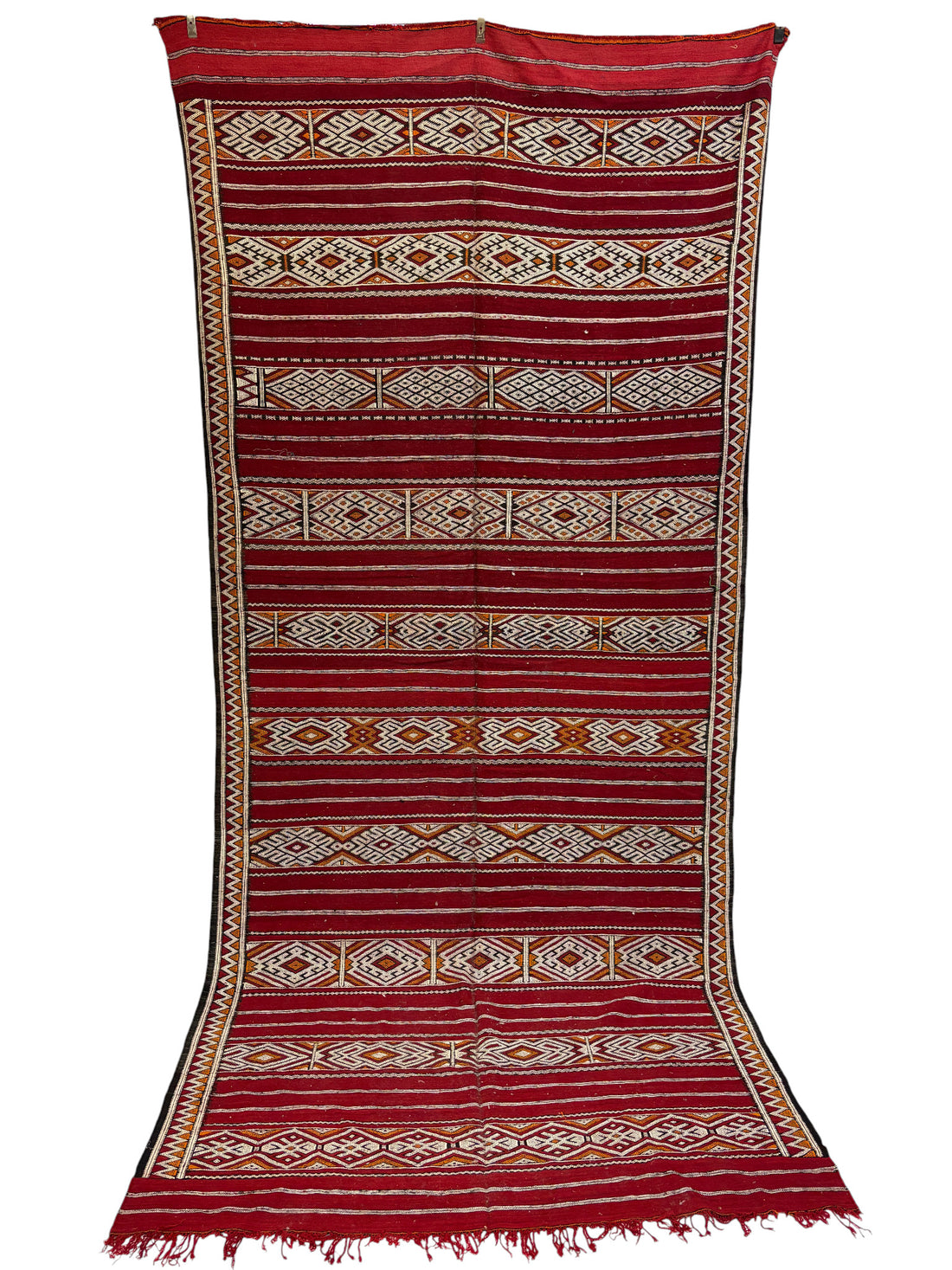 Vintage Zemmour Moroccan Kilim with Crimson Field and Bordered Diamond Bands