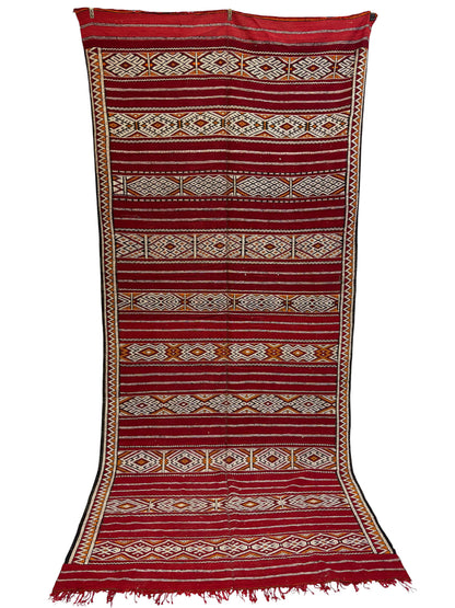 Vintage Zemmour Moroccan Kilim with Crimson Field and Bordered Diamond Bands