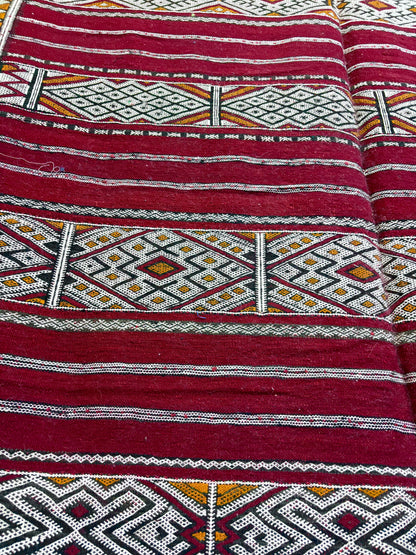 Vintage Zemmour Moroccan Kilim with Crimson Field and Bordered Diamond Bands
