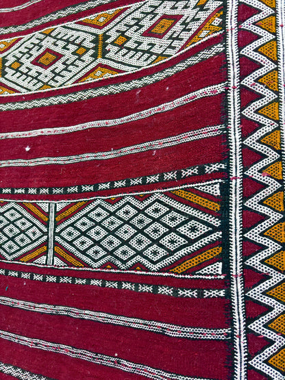 Vintage Zemmour Moroccan Kilim with Crimson Field and Bordered Diamond Bands