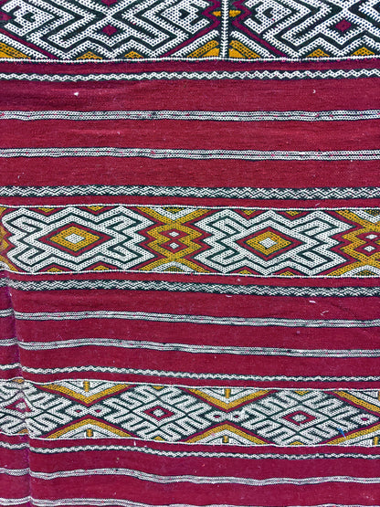 Vintage Zemmour Moroccan Kilim with Crimson Field and Bordered Diamond Bands
