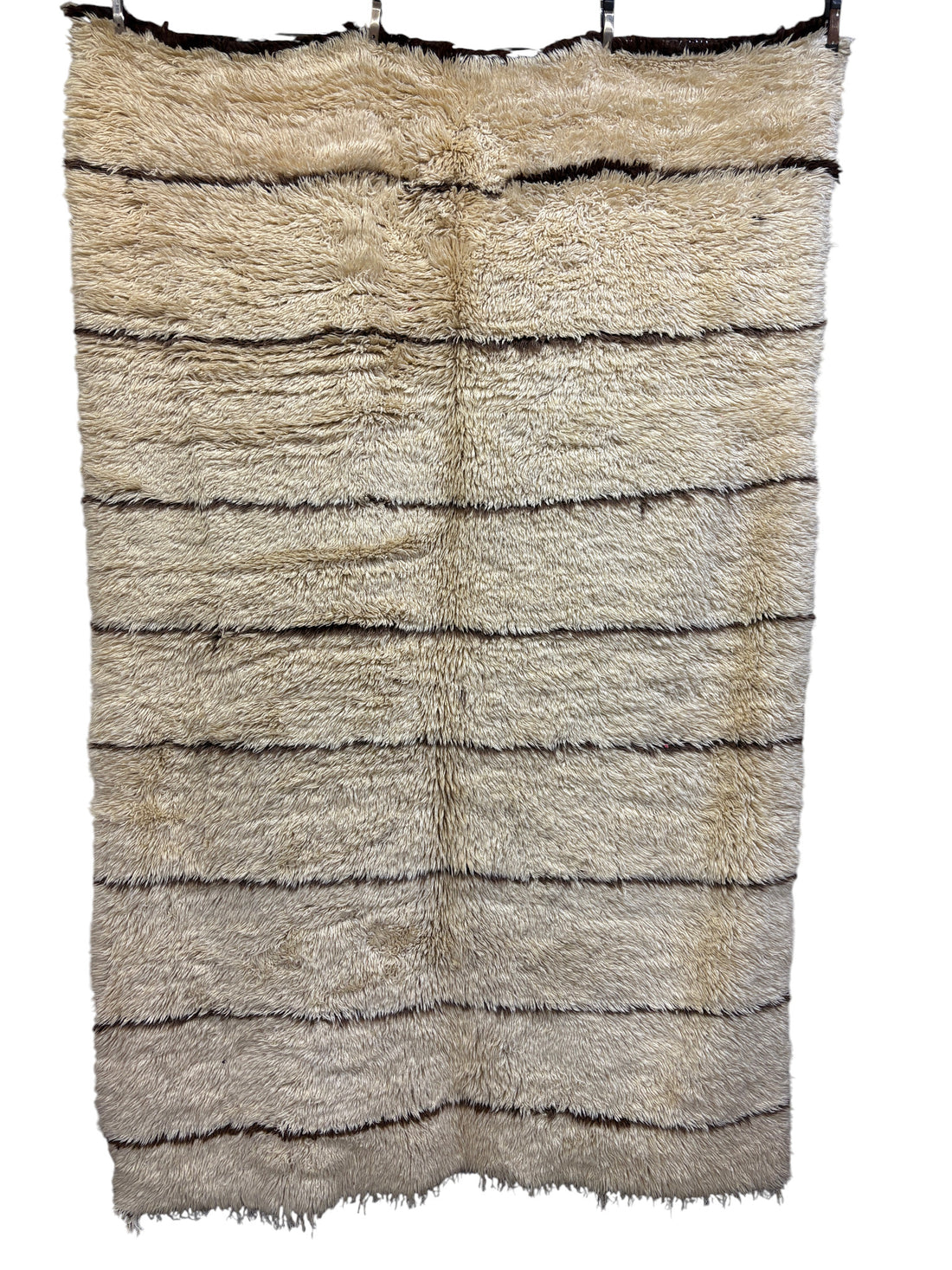 Vintage Marmoucha Moroccan Wool Rug in Ivory Shag with Dark Brown Stripes