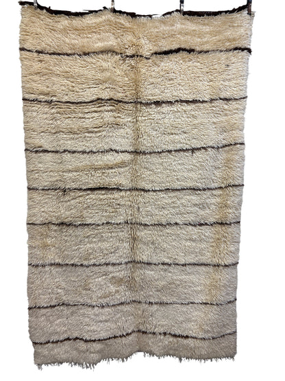 Vintage Marmoucha Moroccan Wool Rug in Ivory Shag with Dark Brown Stripes