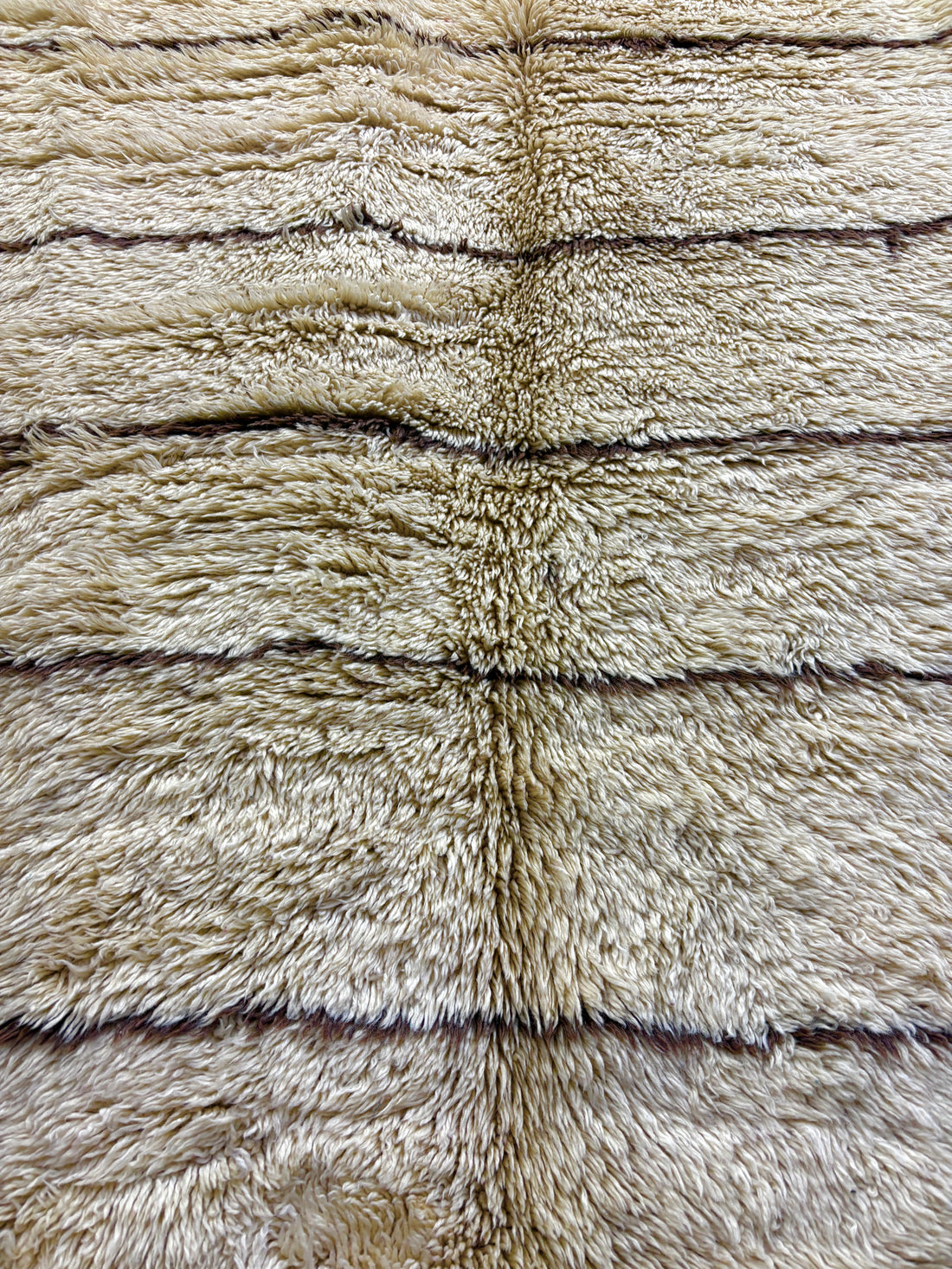 Vintage Marmoucha Moroccan Wool Rug in Ivory Shag with Dark Brown Stripes