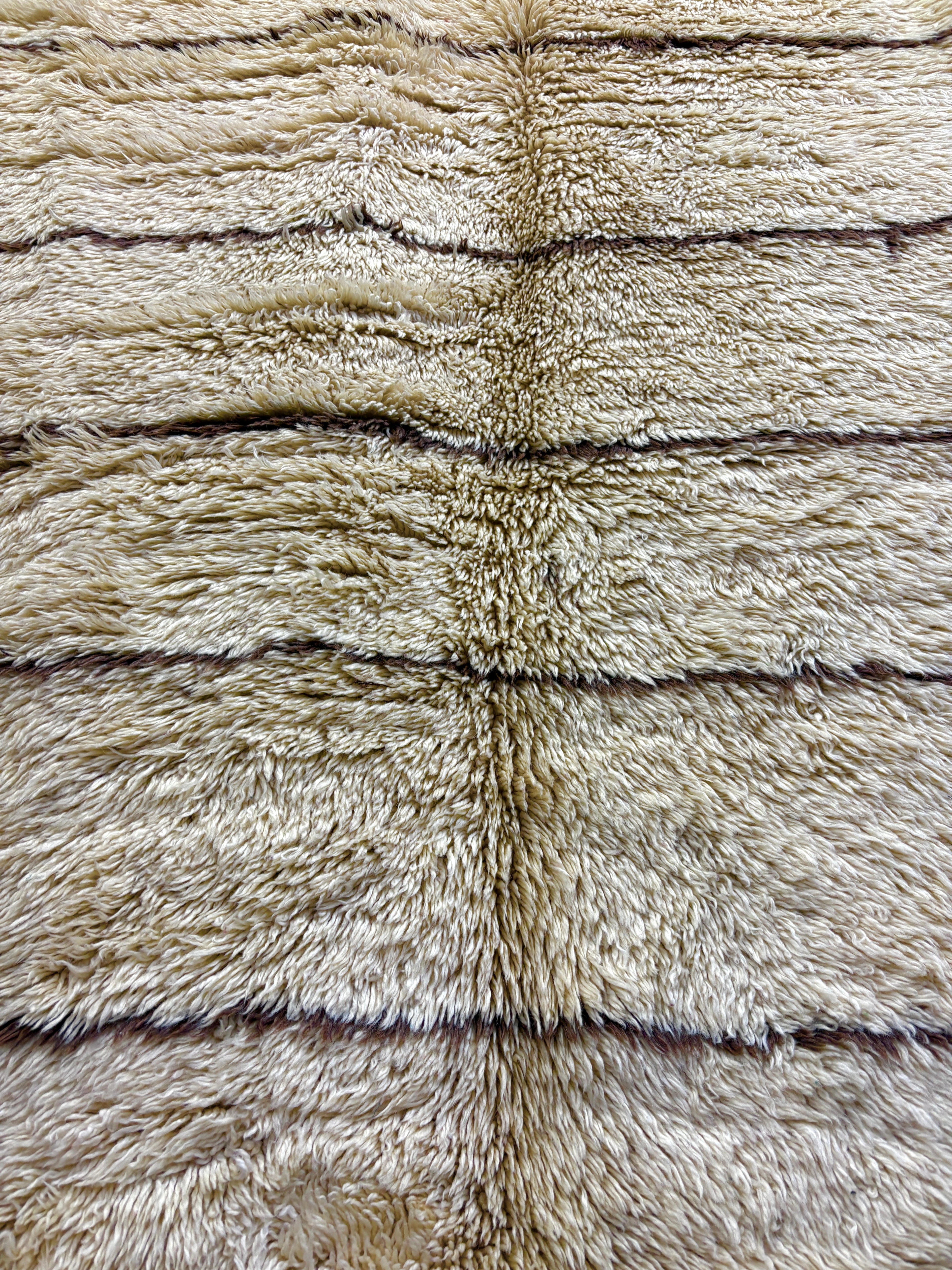 Vintage Marmoucha Moroccan Wool Rug in Ivory Shag with Dark Brown Stripes