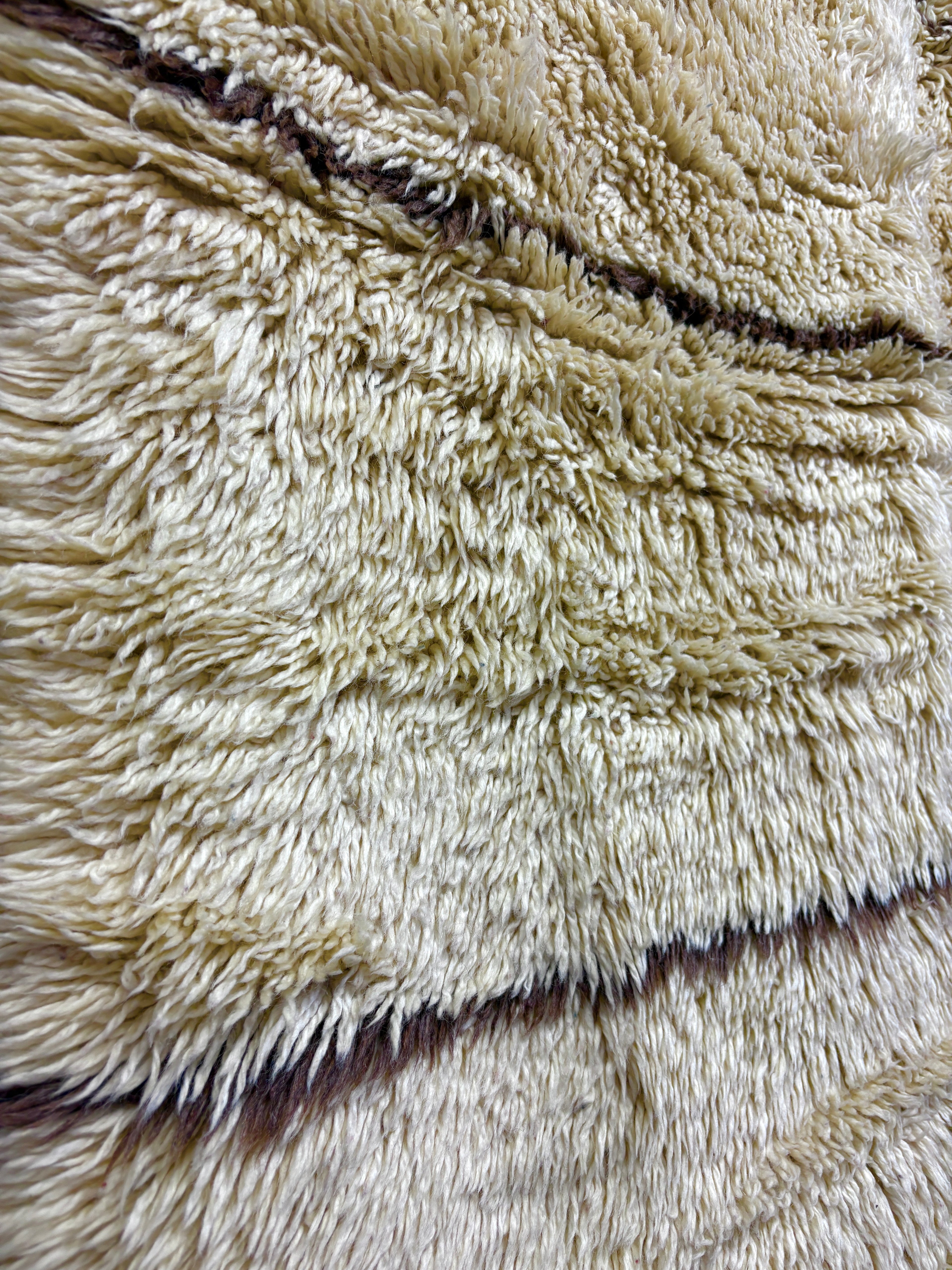 Vintage Marmoucha Moroccan Wool Rug in Ivory Shag with Dark Brown Stripes