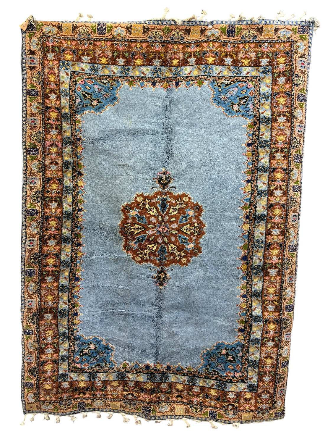 Vintage Rabat Moroccan Rug in Sky Blue Wool with Floral Medallion