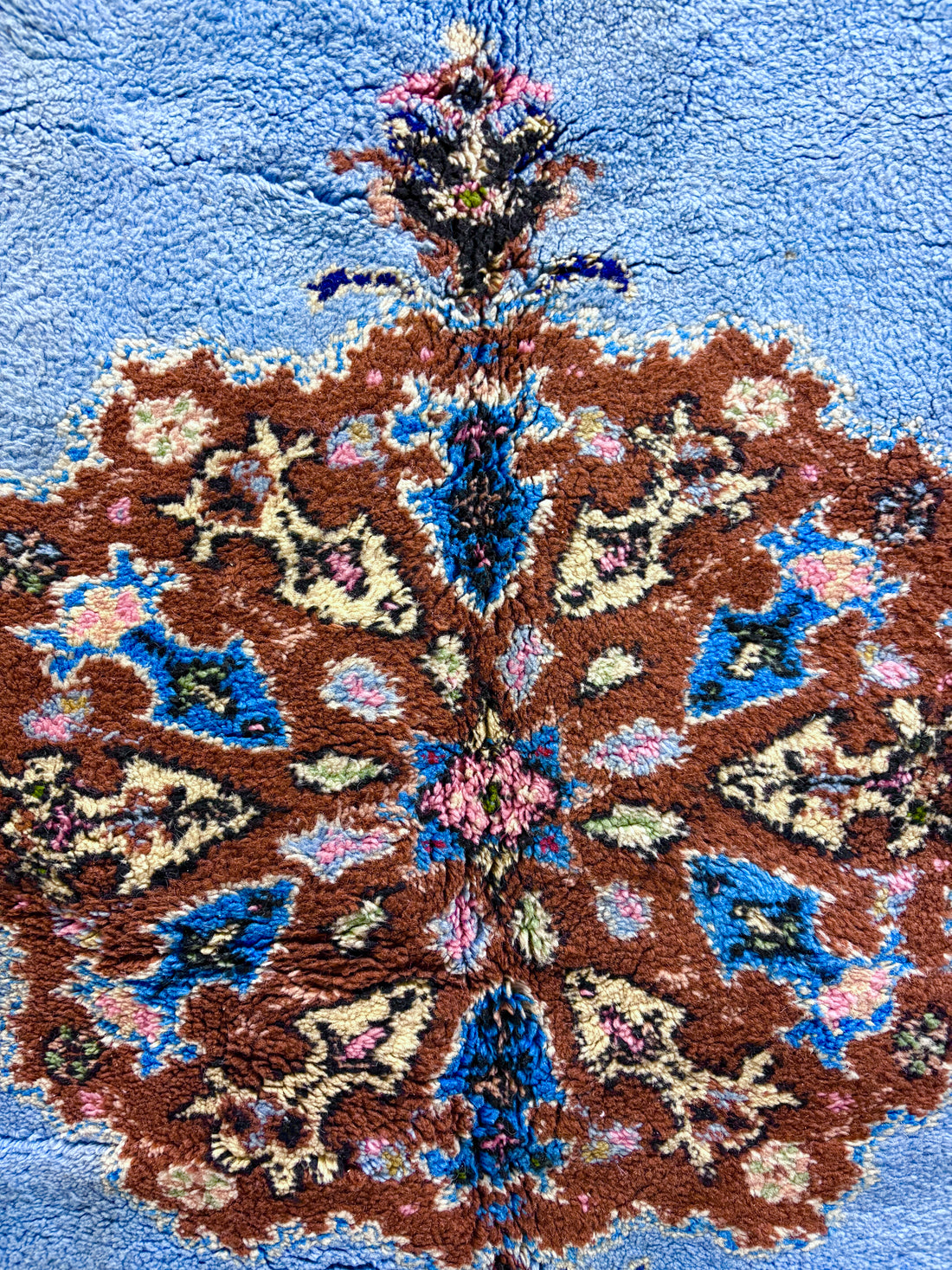 Vintage Rabat Moroccan Rug in Sky Blue Wool with Floral Medallion