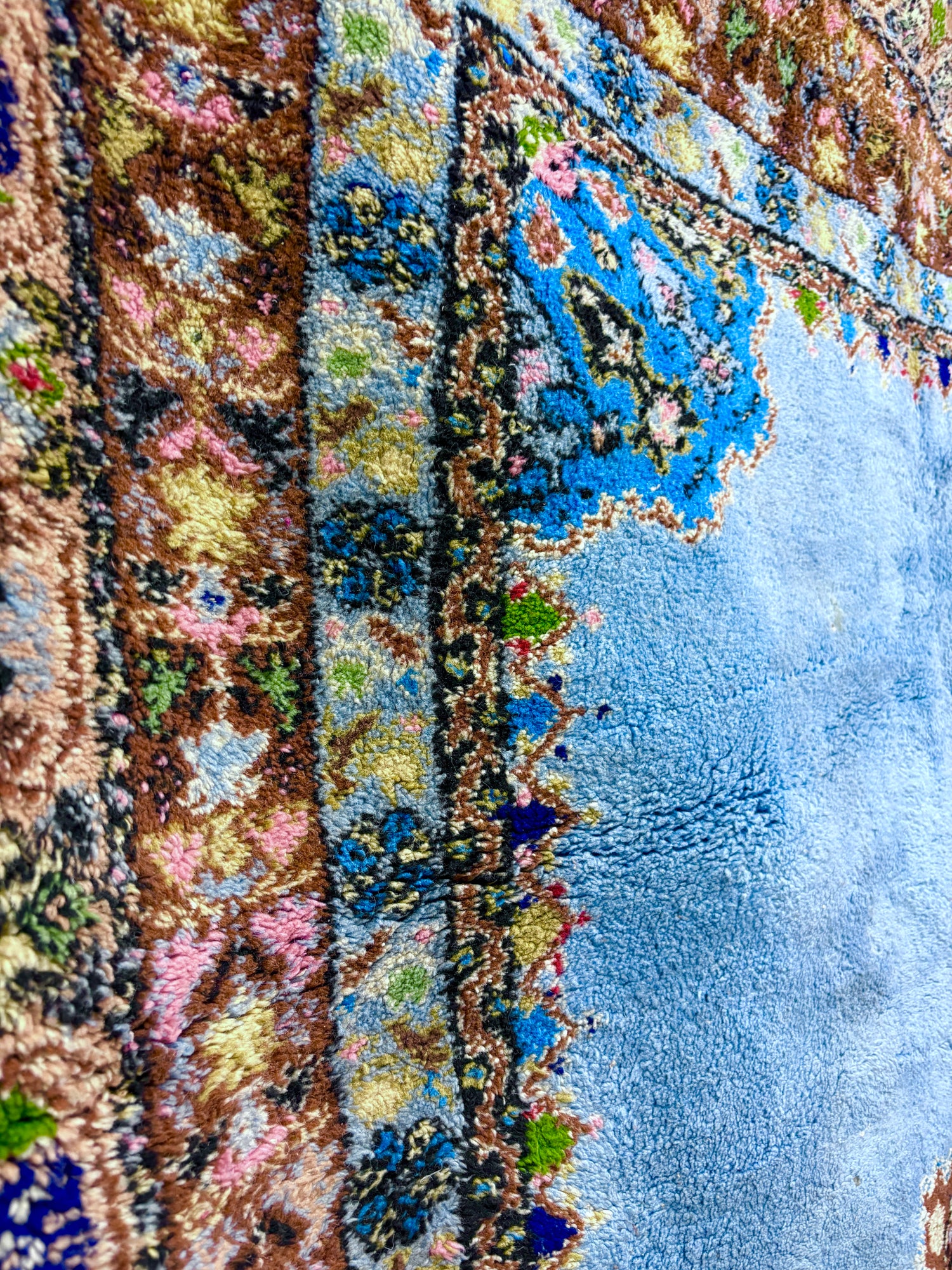Vintage Rabat Moroccan Rug in Sky Blue Wool with Floral Medallion