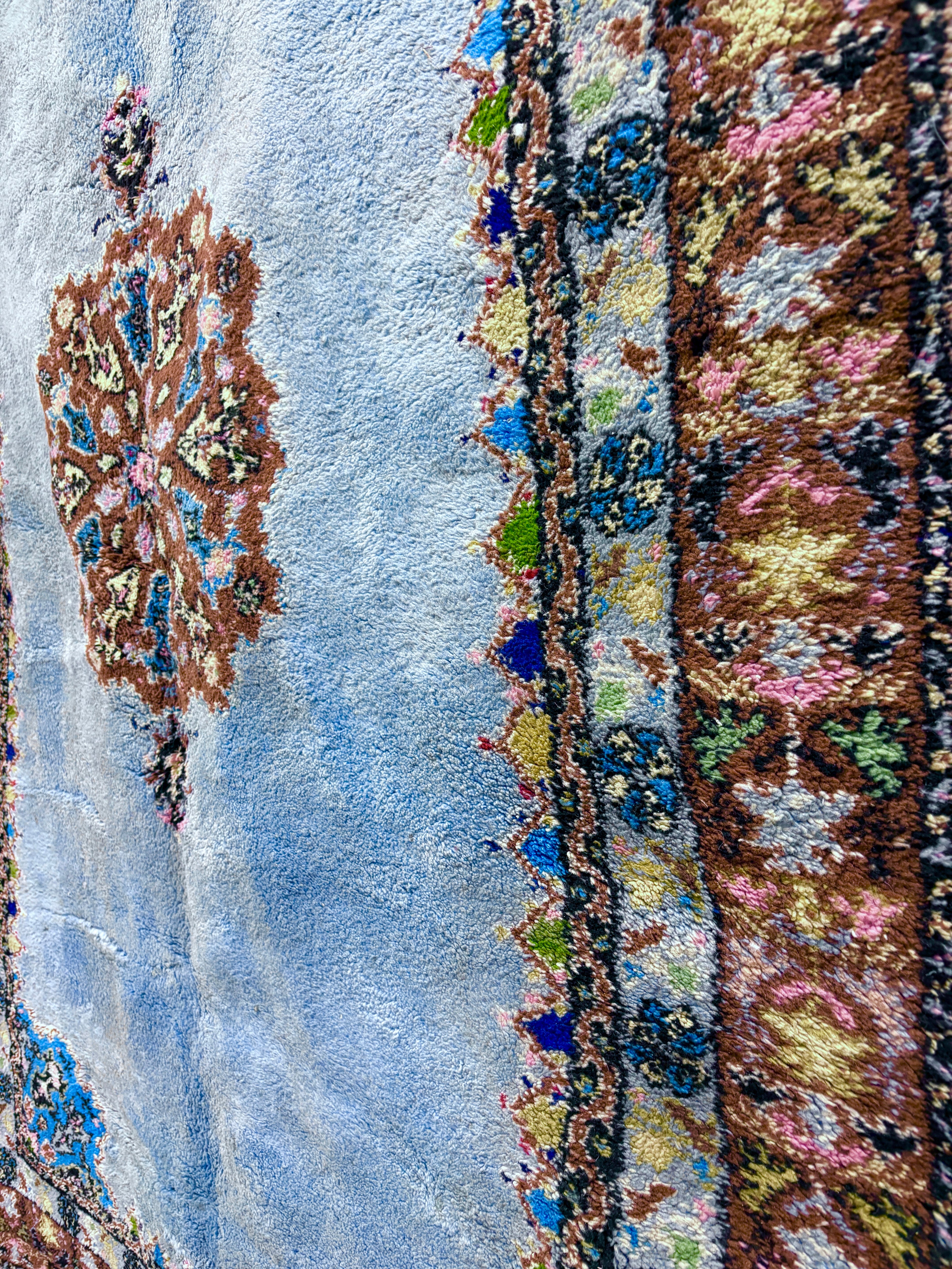 Vintage Rabat Moroccan Rug in Sky Blue Wool with Floral Medallion