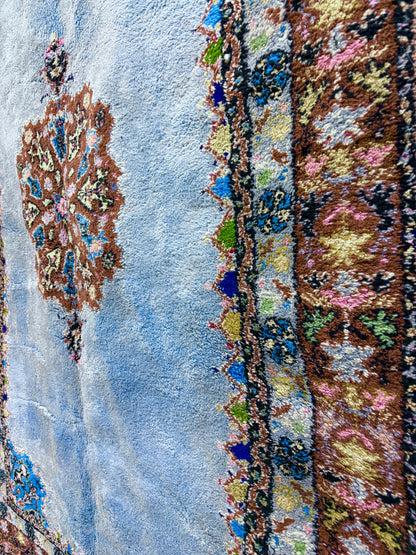 Vintage Rabat Moroccan Rug in Sky Blue Wool with Floral Medallion