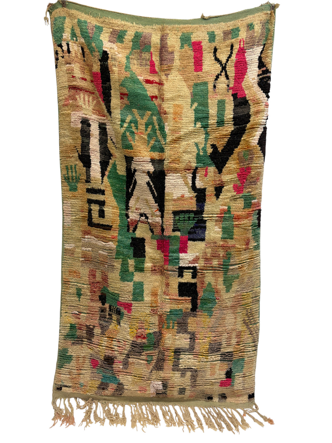 Vintage Azilal Moroccan Rug in Sand Wool with Abstract Green and Pink Composition