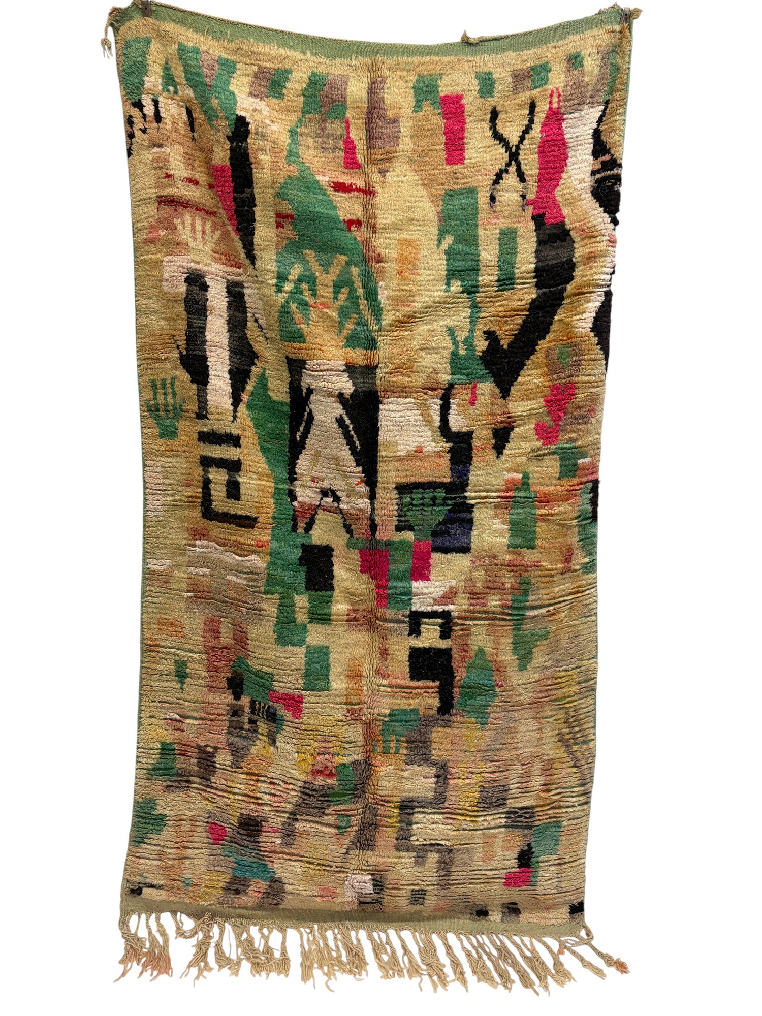 Vintage Azilal Moroccan Rug in Sand Wool with Abstract Green and Pink Composition