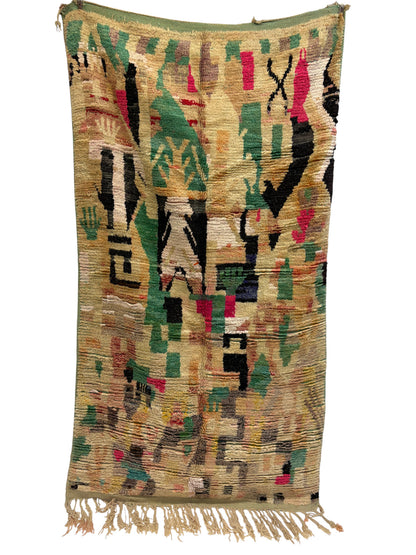 Vintage Azilal Moroccan Rug in Sand Wool with Abstract Green and Pink Composition