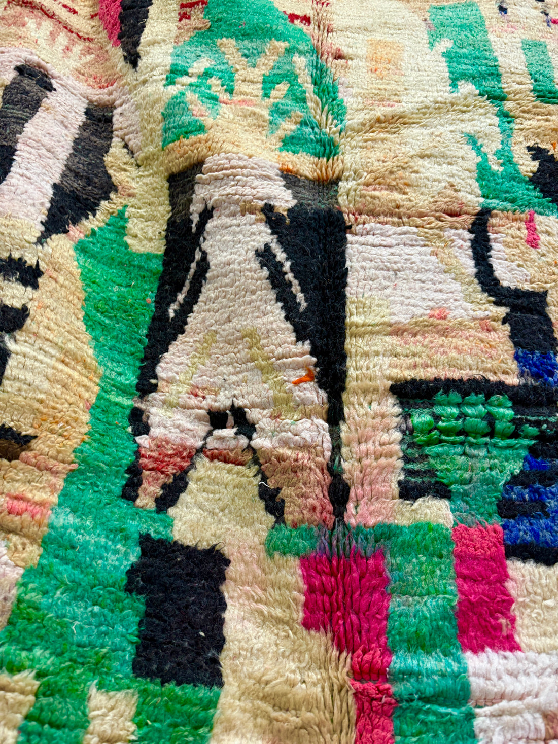Vintage Azilal Moroccan Rug in Sand Wool with Abstract Green and Pink Composition