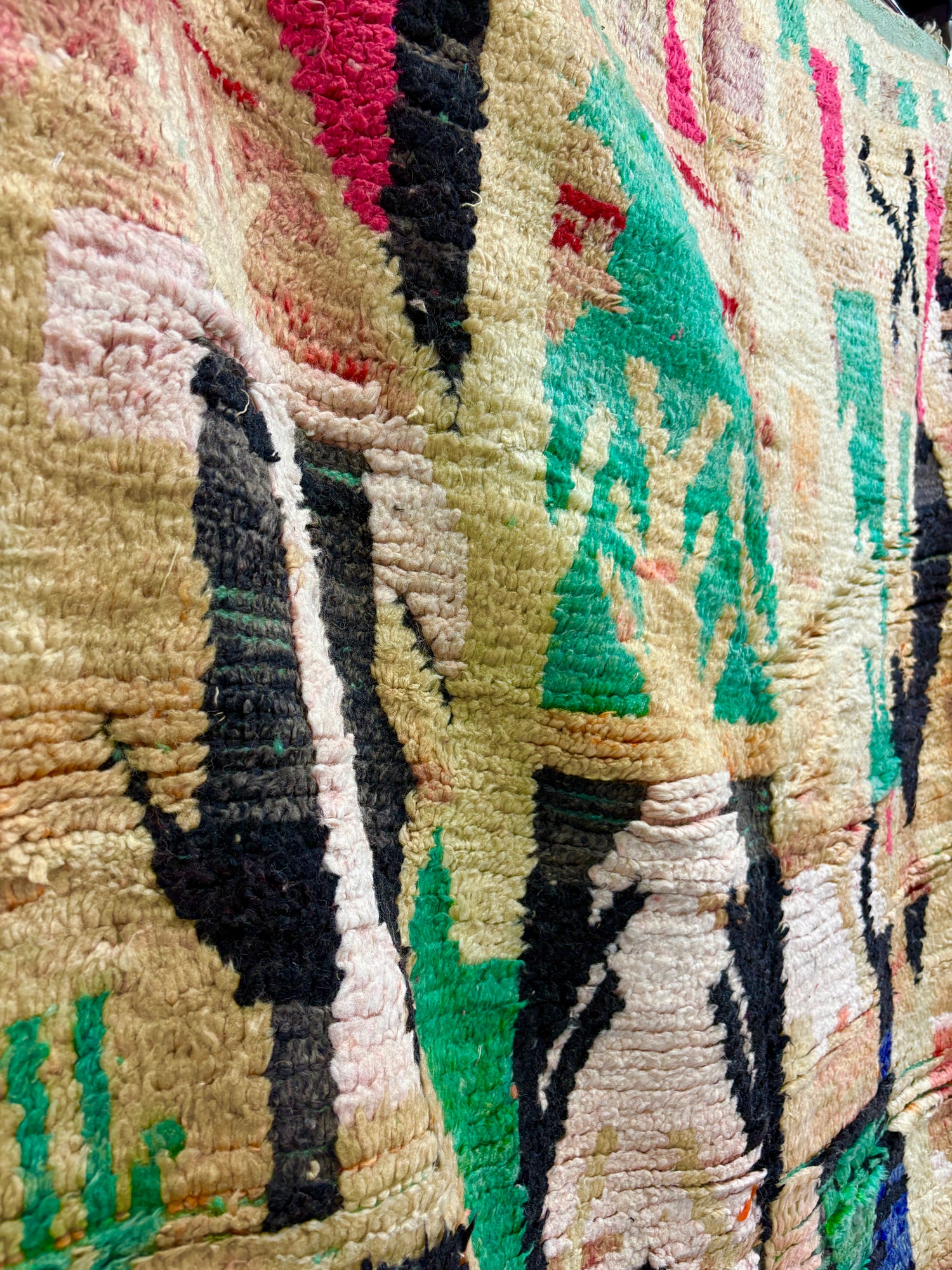 Vintage Azilal Moroccan Rug in Sand Wool with Abstract Green and Pink Composition