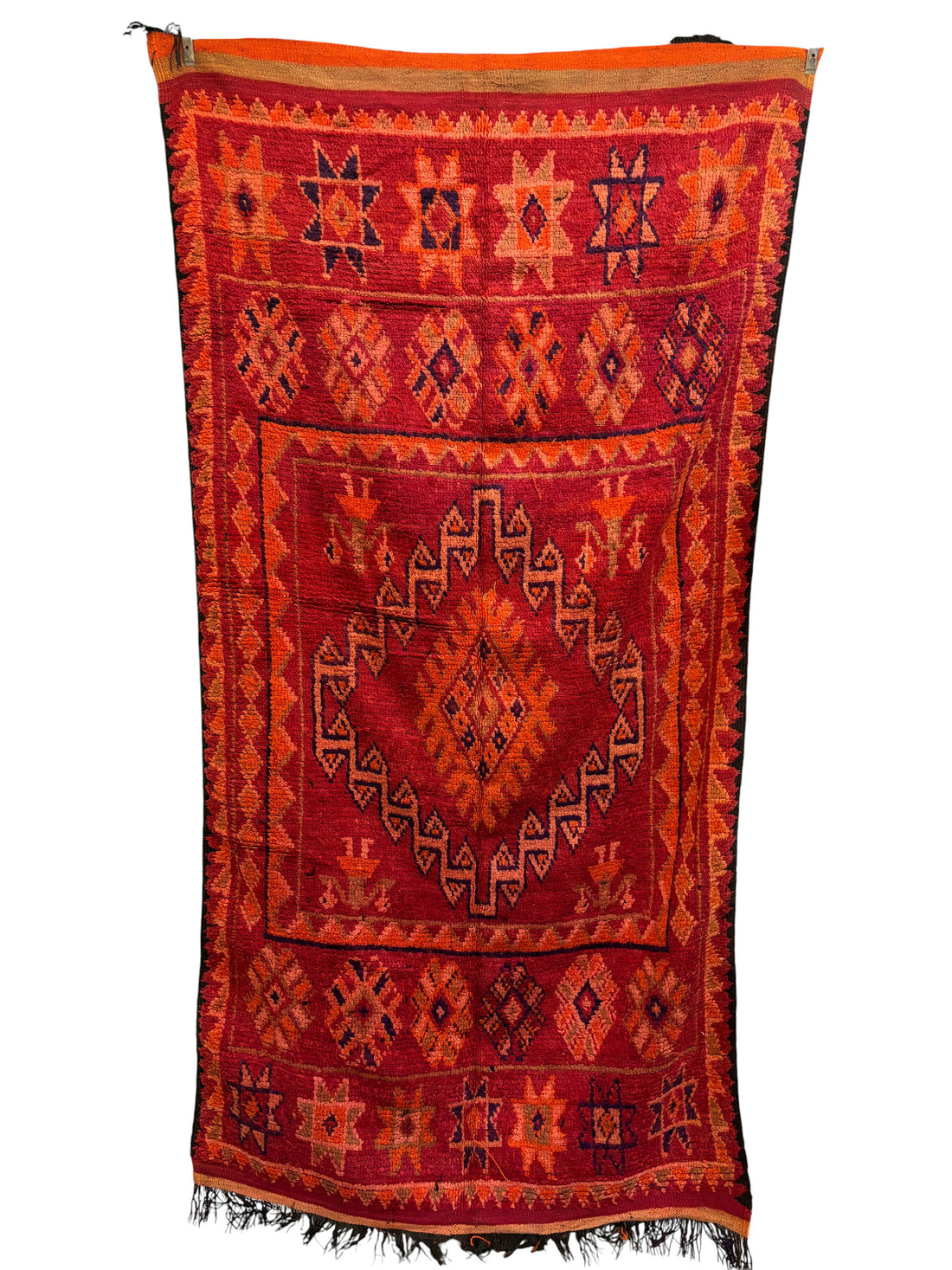 Vintage Boujaad Moroccan Rug in Crimson and Saffron with Stepped Diamond Medallion