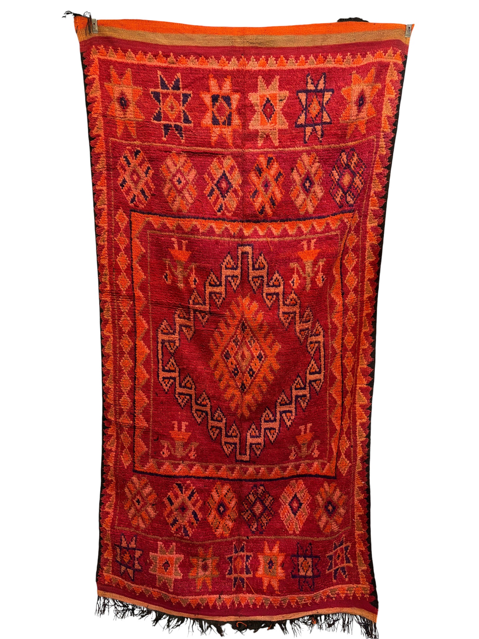 Vintage Boujaad Moroccan Rug in Crimson and Saffron with Stepped Diamond Medallion
