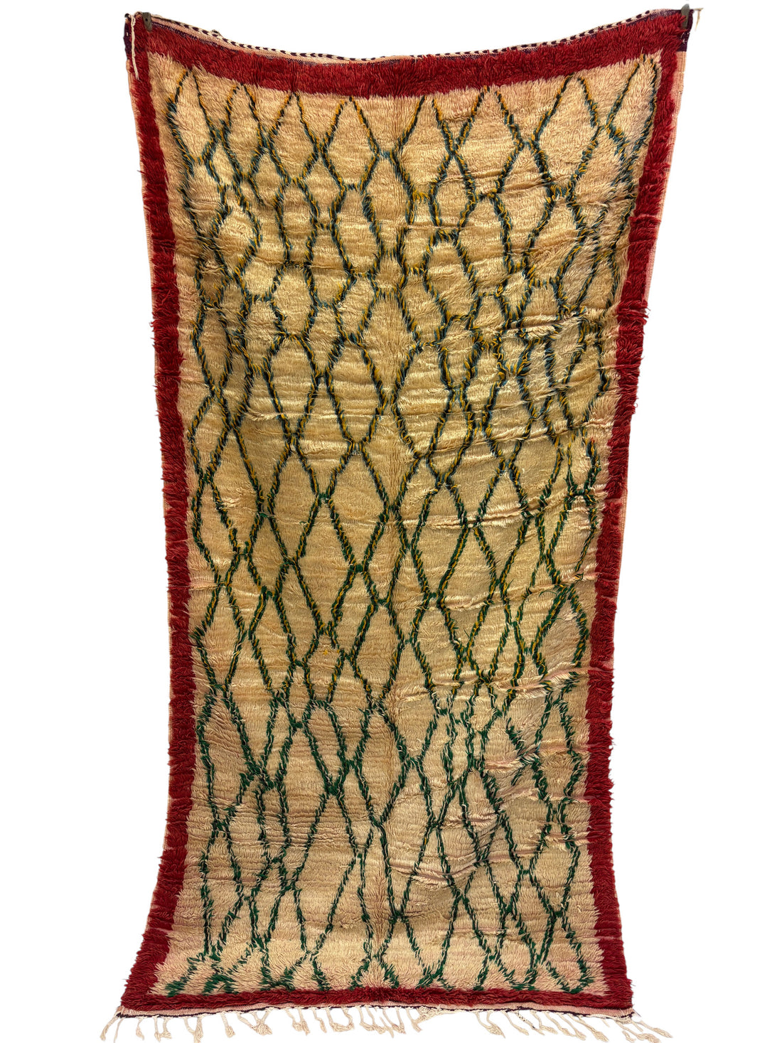 Azilal Moroccan Rug in Ivory Wool with Green Diamond Lattice and Crimson Border