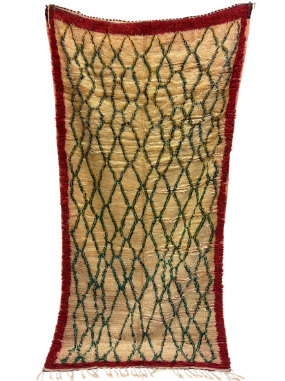 Azilal Moroccan Rug in Ivory Wool with Green Diamond Lattice and Crimson Border