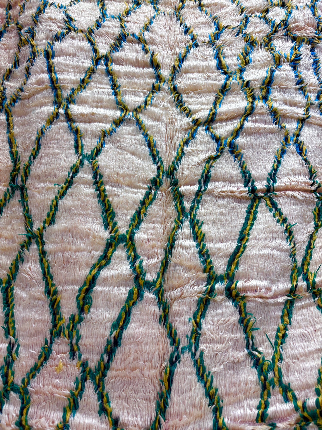 Azilal Moroccan Rug in Ivory Wool with Green Diamond Lattice and Crimson Border
