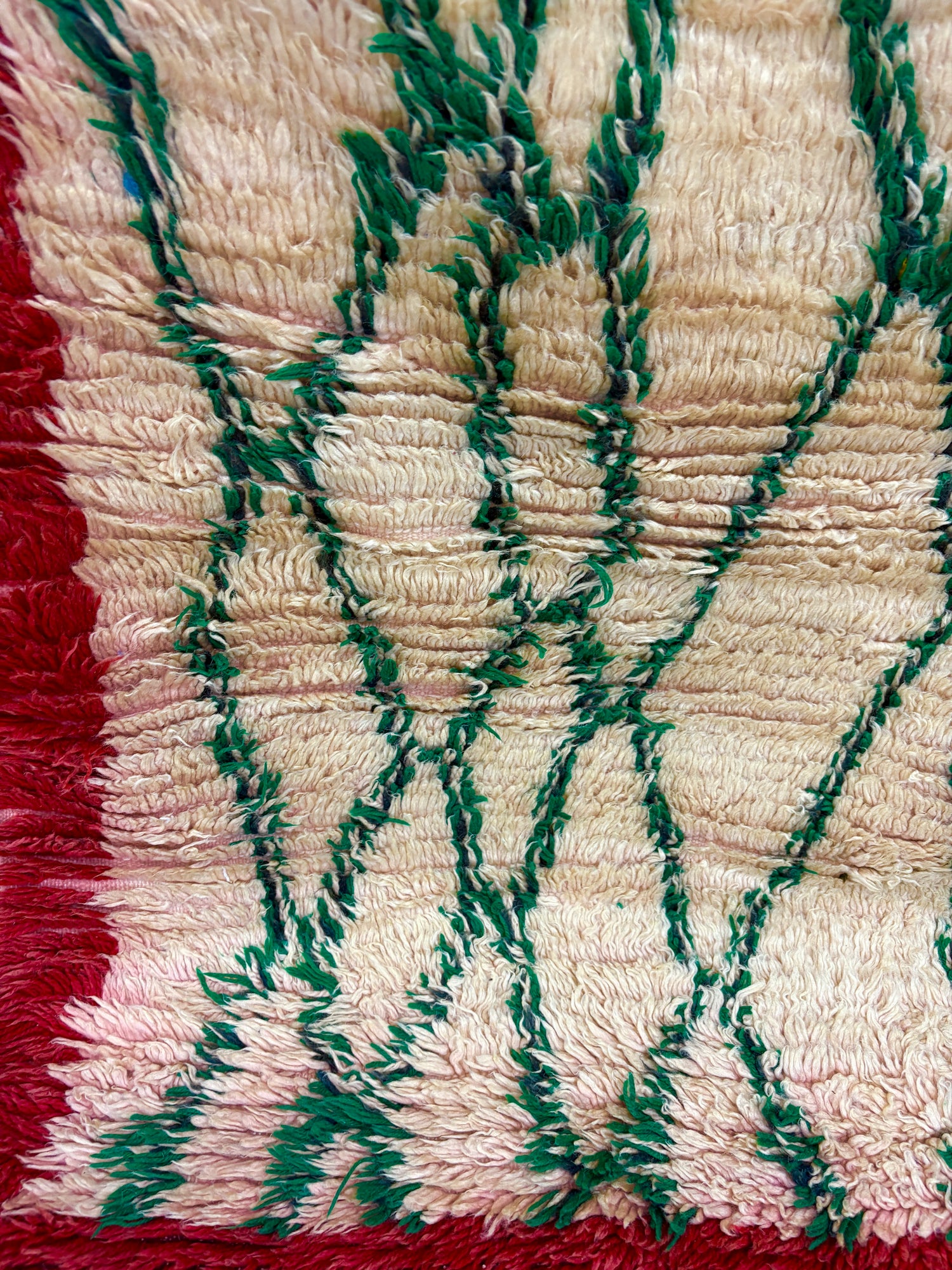Azilal Moroccan Rug in Ivory Wool with Green Diamond Lattice and Crimson Border