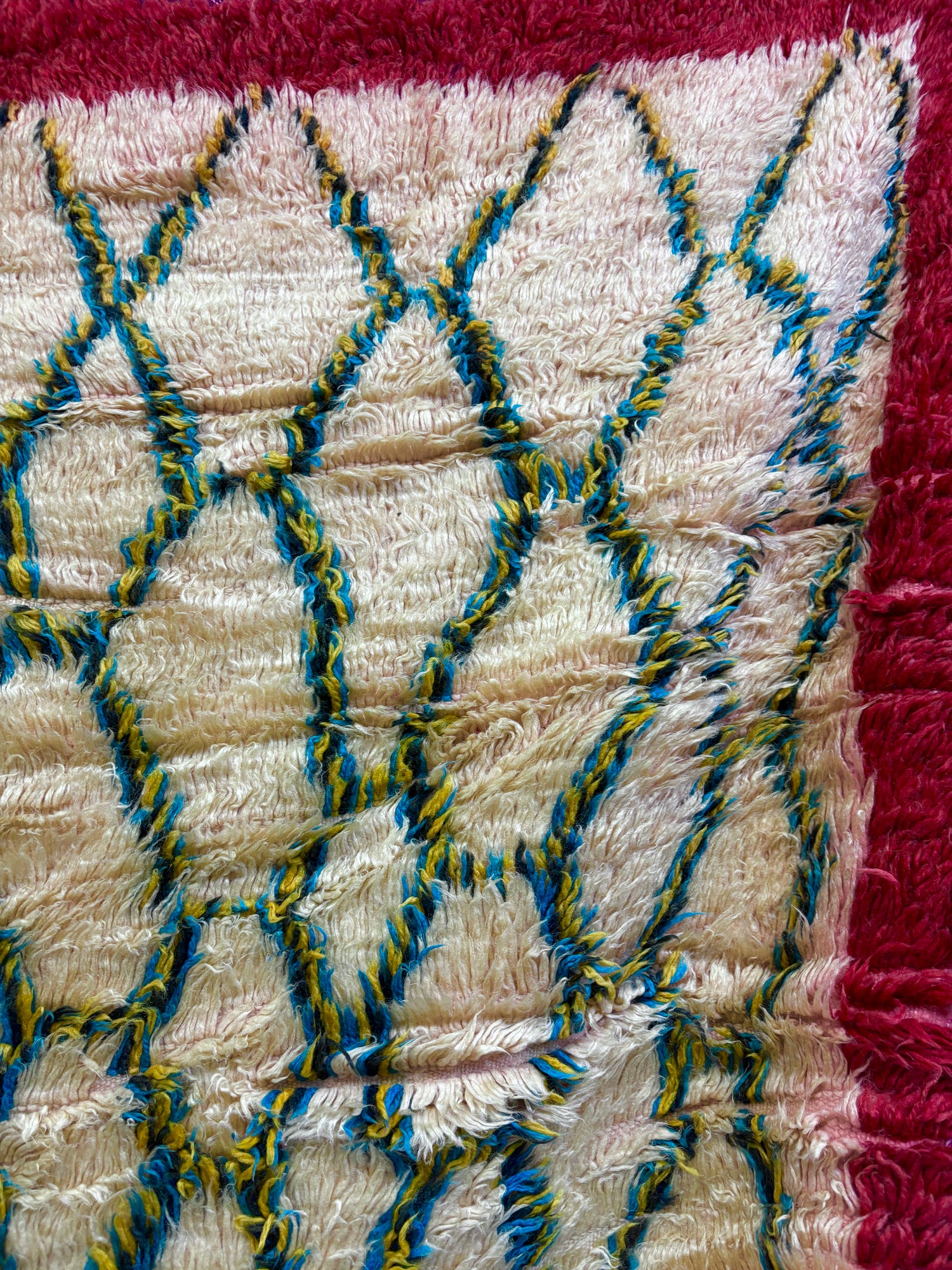 Azilal Moroccan Rug in Ivory Wool with Green Diamond Lattice and Crimson Border
