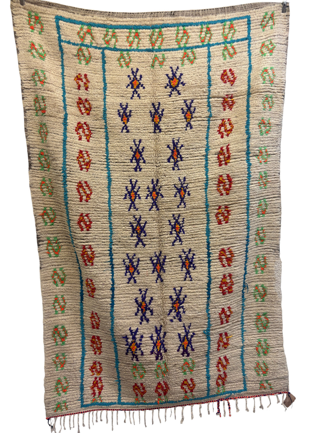 Vintage Azilal Moroccan Rug in Ivory Wool with Turquoise Grid