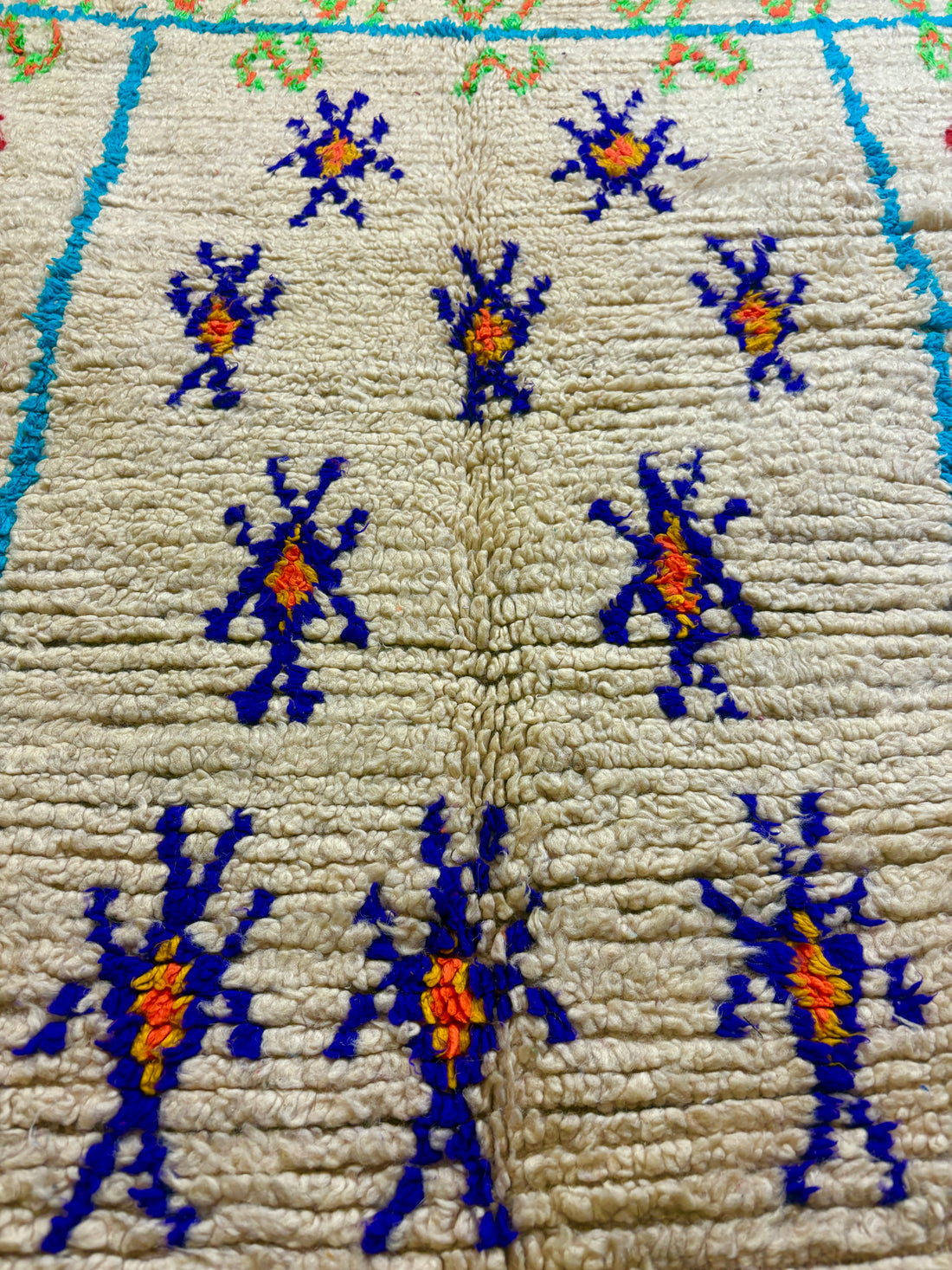 Vintage Azilal Moroccan Rug in Ivory Wool with Turquoise Grid