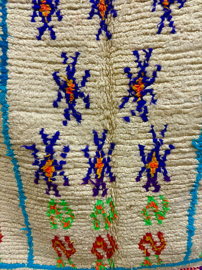 Vintage Azilal Moroccan Rug in Ivory Wool with Turquoise Grid