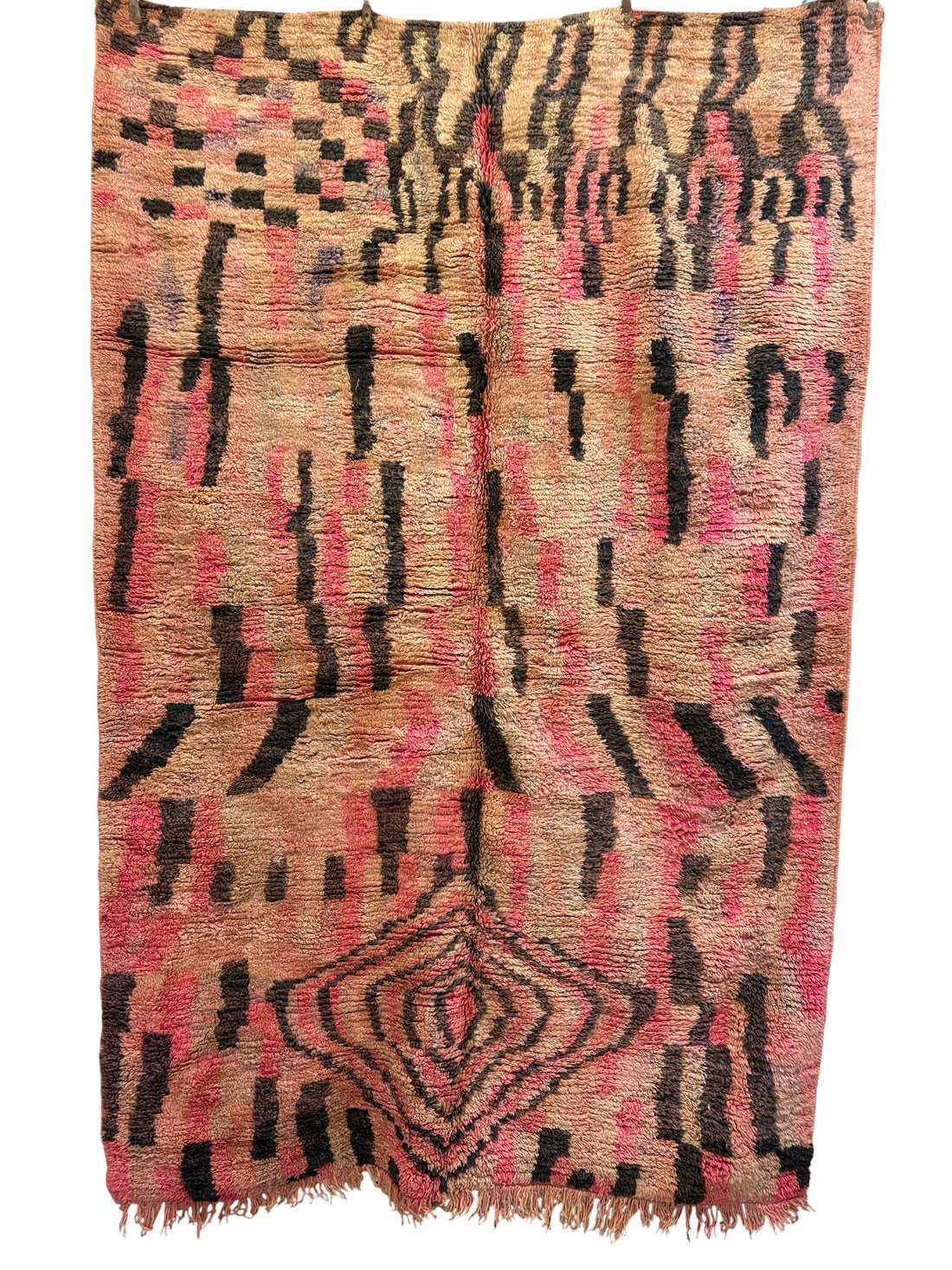 Vintage Boujaad Moroccan Rug in Rose and Sand Wool with Concentric Diamond Anchor