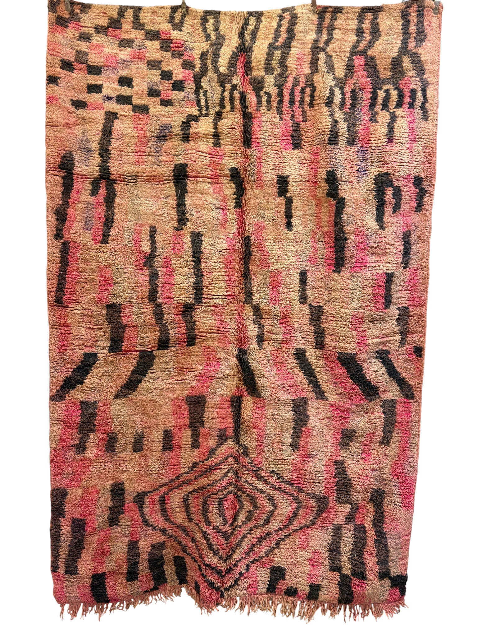 Vintage Boujaad Moroccan Rug in Rose and Sand Wool with Concentric Diamond Anchor