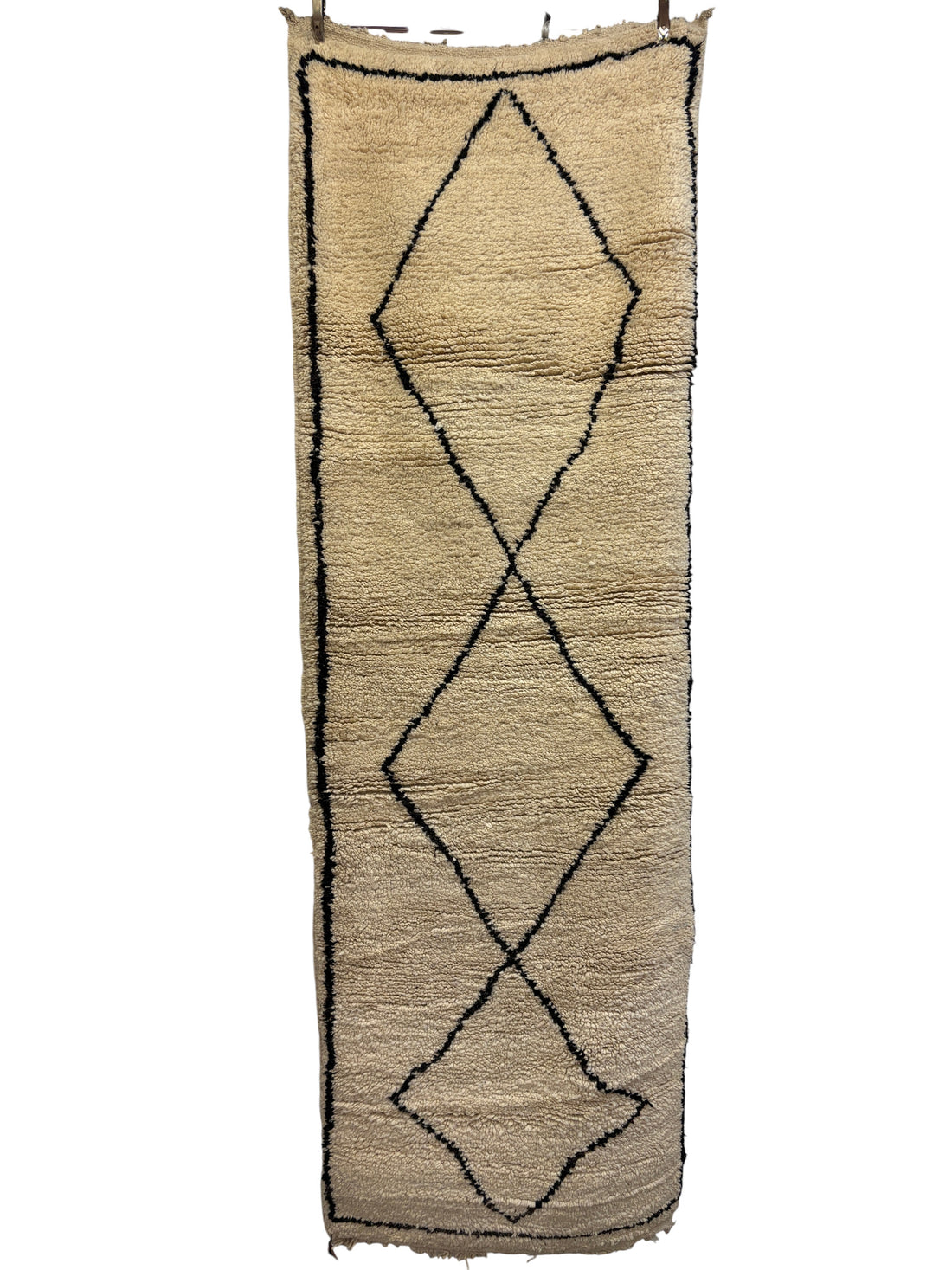 Beni Ourain Moroccan Runner in Ivory Wool with Black Diamond Outline