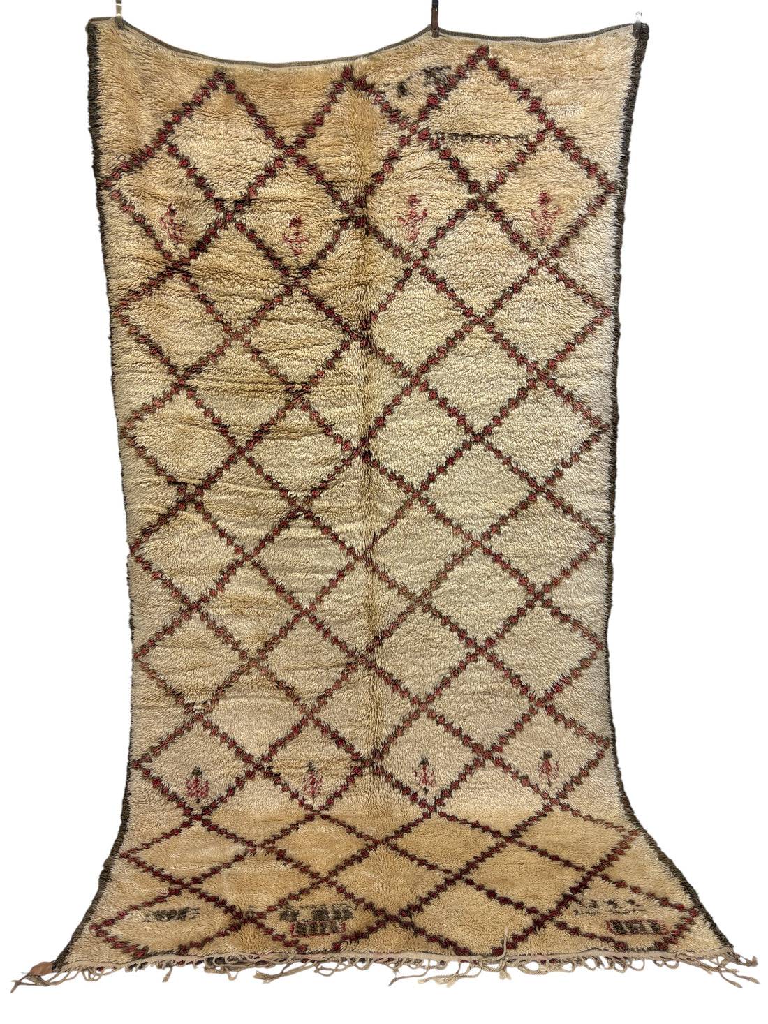 Beni Ourain Moroccan Rug in Ivory Wool with Red and Brown Diamond Lattice