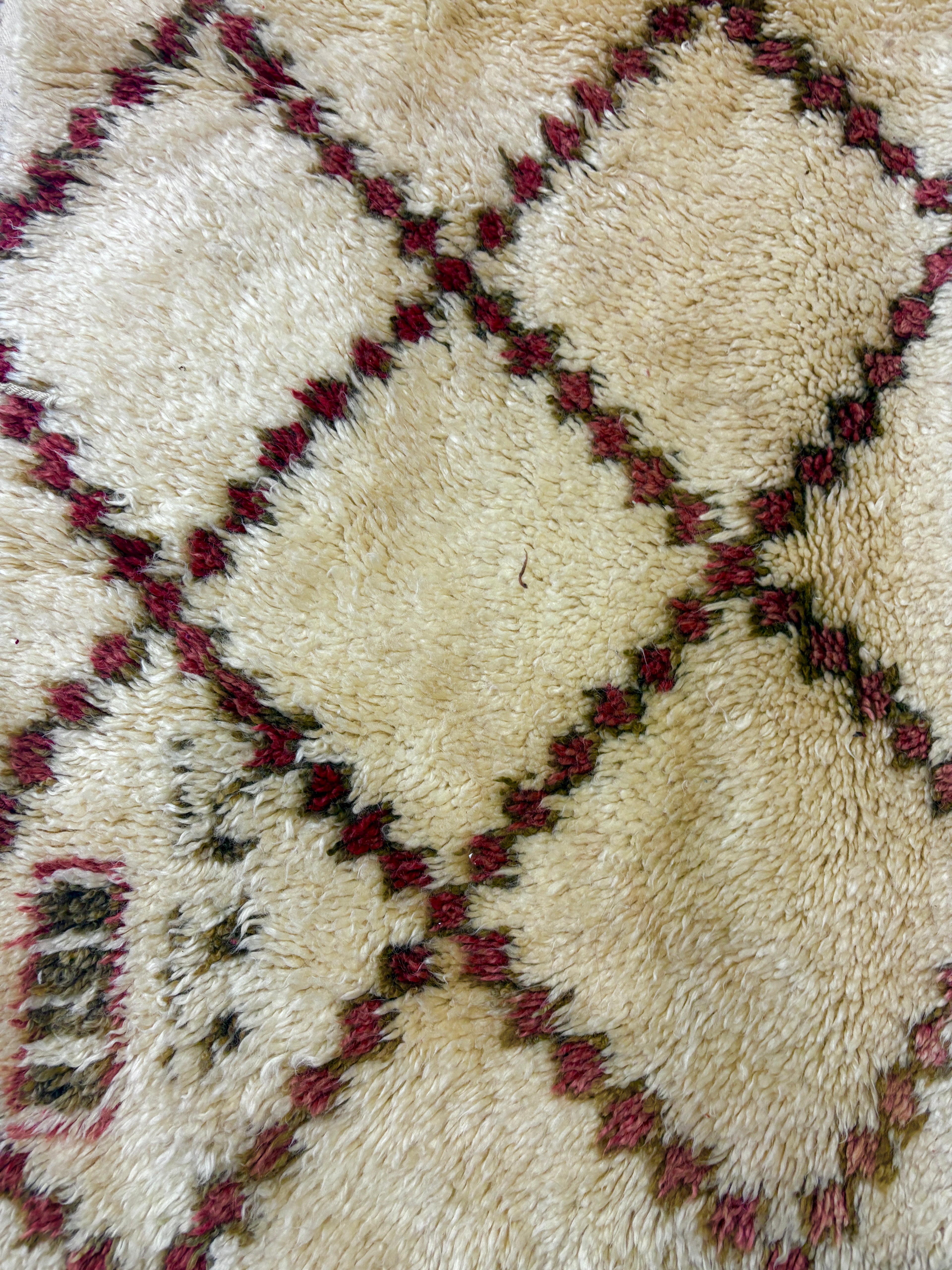 Beni Ourain Moroccan Rug in Ivory Wool with Red and Brown Diamond Lattice