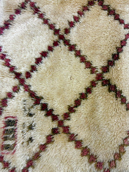 Beni Ourain Moroccan Rug in Ivory Wool with Red and Brown Diamond Lattice