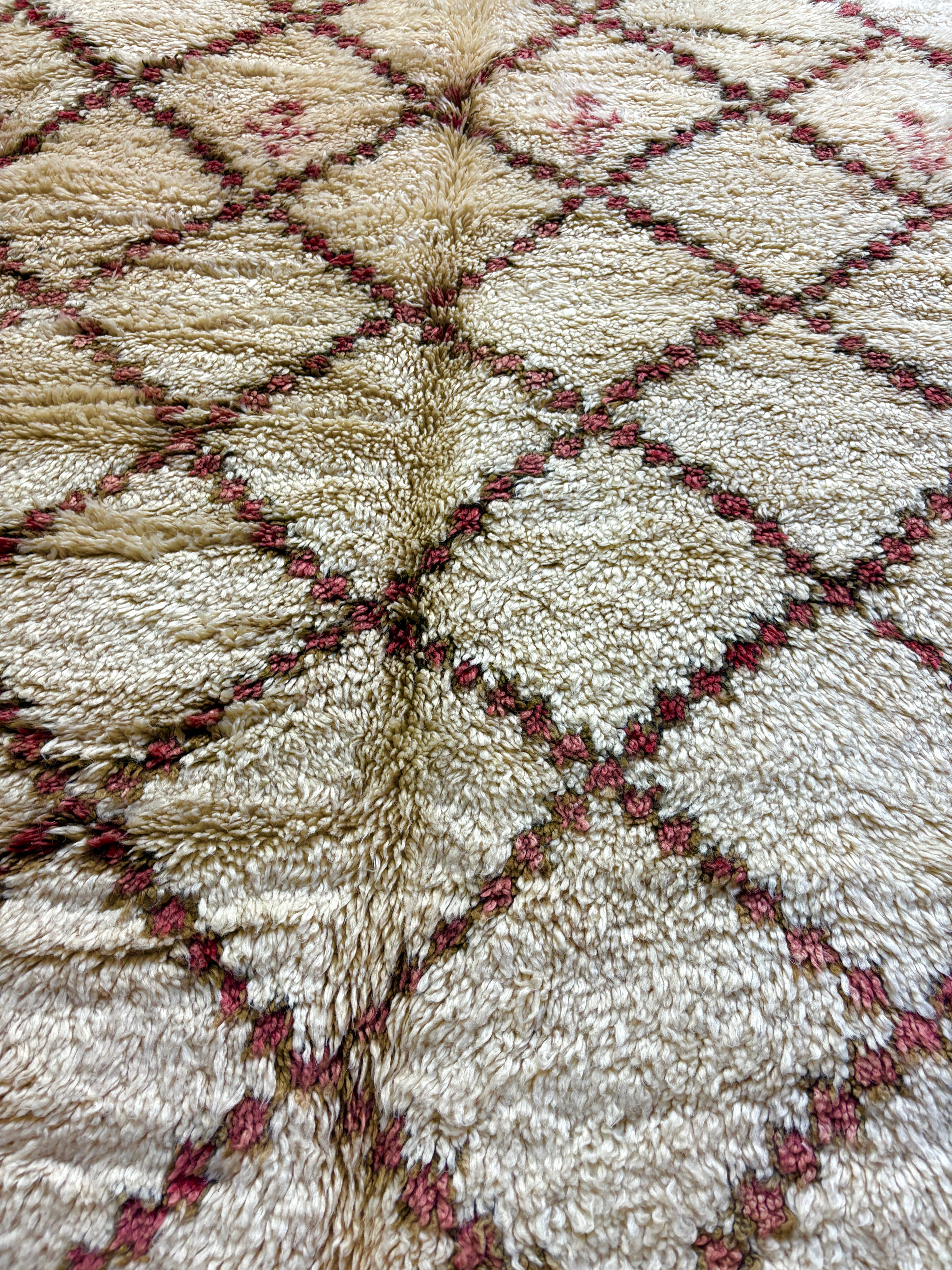 Beni Ourain Moroccan Rug in Ivory Wool with Red and Brown Diamond Lattice