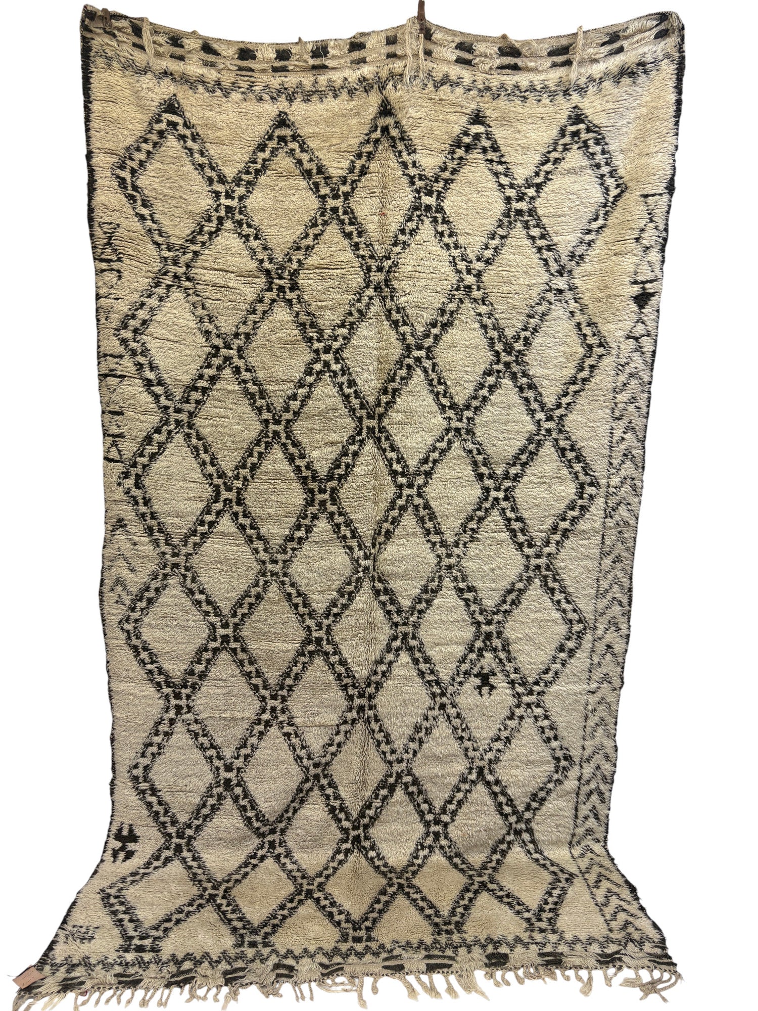 Beni Ourain Moroccan Rug in Ivory Wool with Double Diamond Lattice