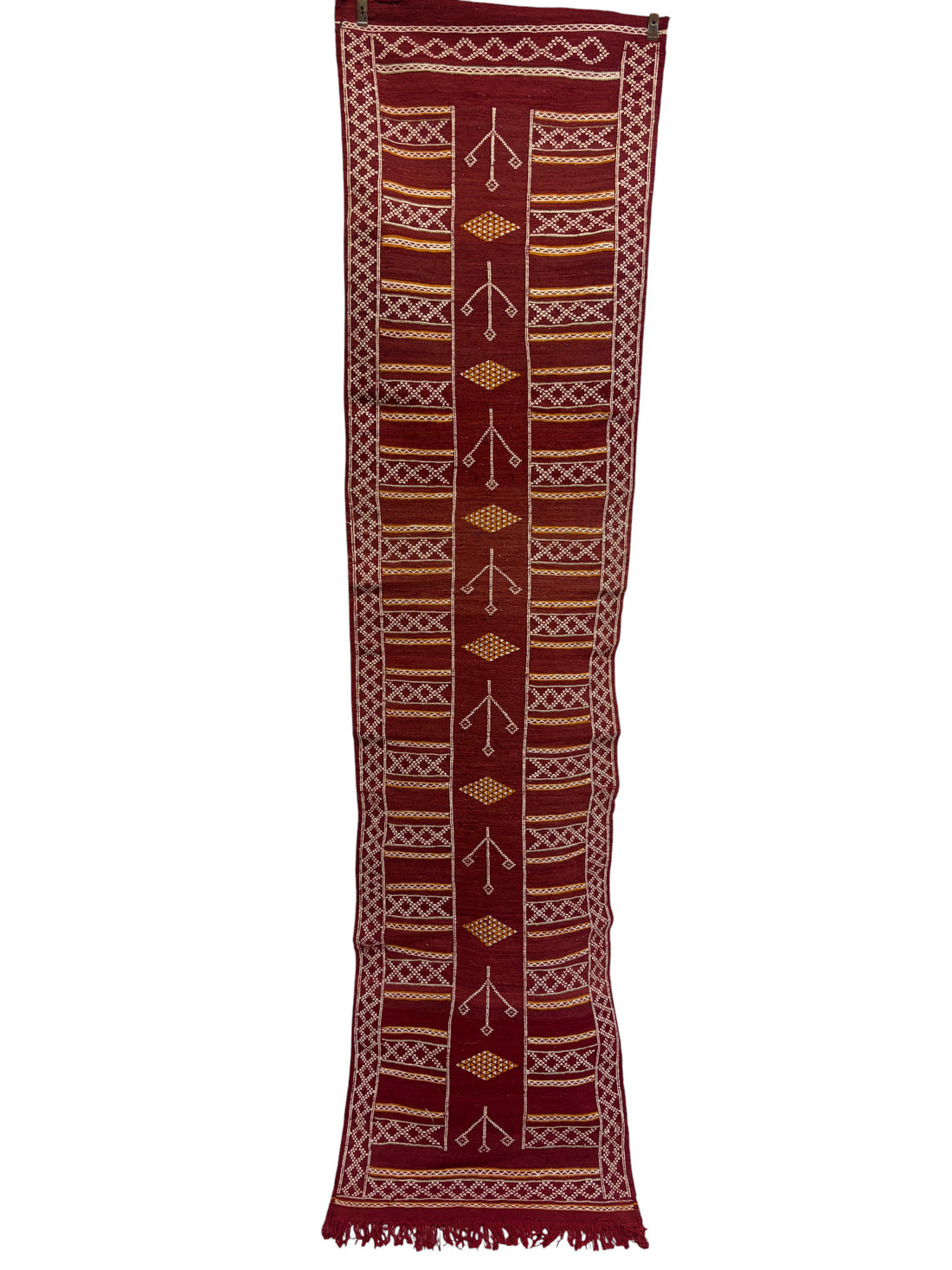 Vintage Zemmour Moroccan Kilim Runner with Burgundy Field