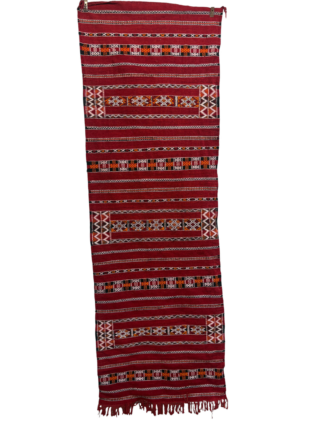 Zemmour Kilim Runner with Crimson Field and Brocaded Panels