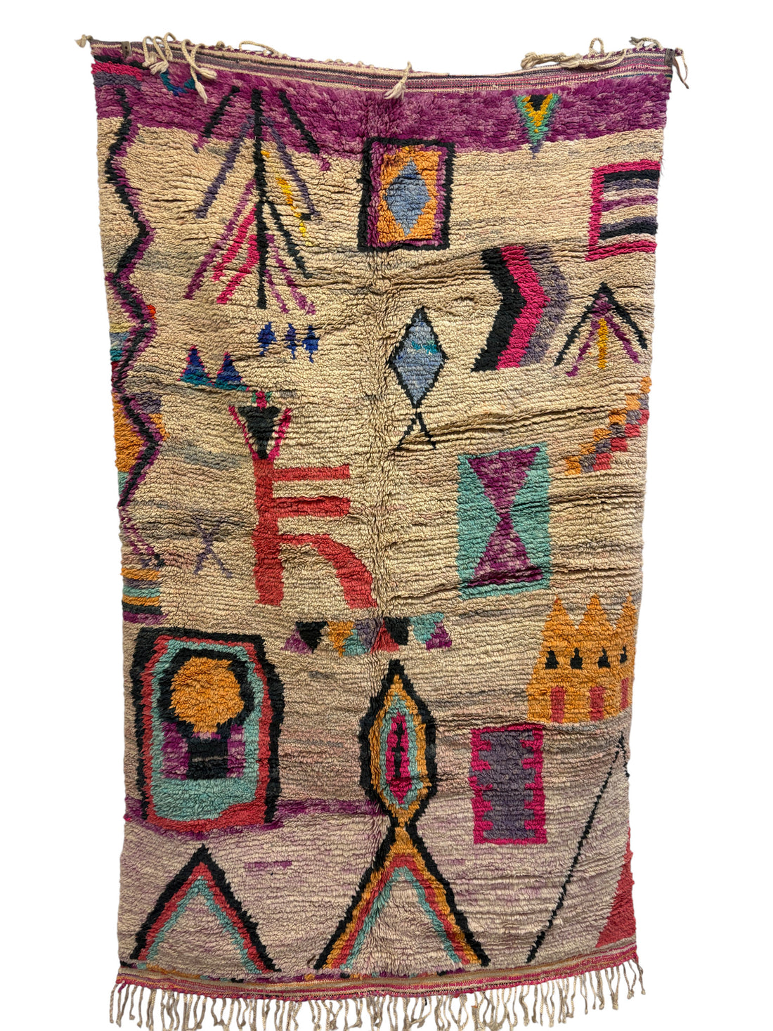 Azilal Rug with Ivory Field and Abstract Polychrome Glyphs